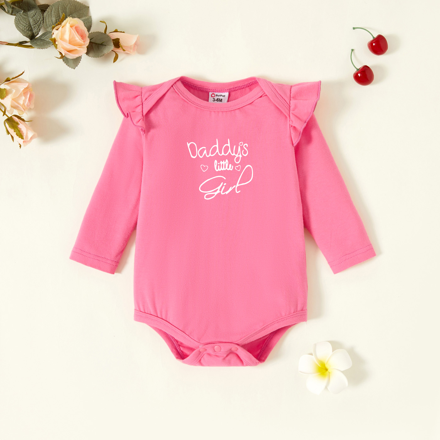 

Baby Graphic Flutter-sleeve Deep pink Long-sleeve Romper