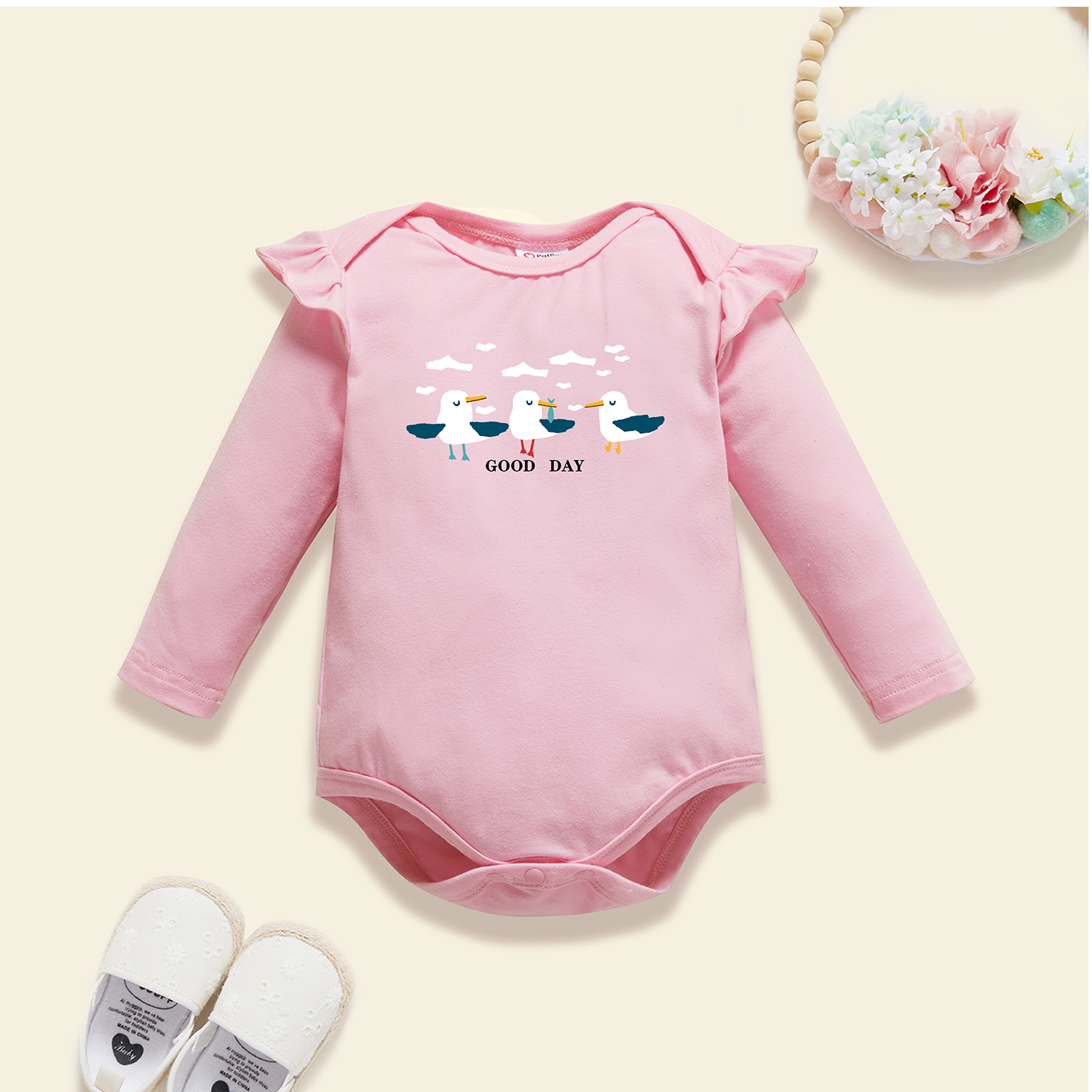 

Baby Graphic Flutter-sleeve Light pink Long-sleeve Romper