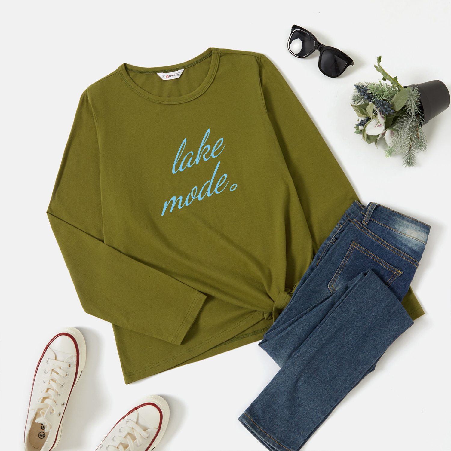 

Graphic Army green Long-sleeve Round-collar Tee for Women