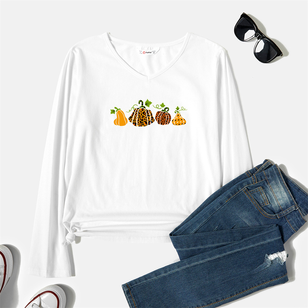 

Graphic White Long-sleeve V Neck Tee for Women