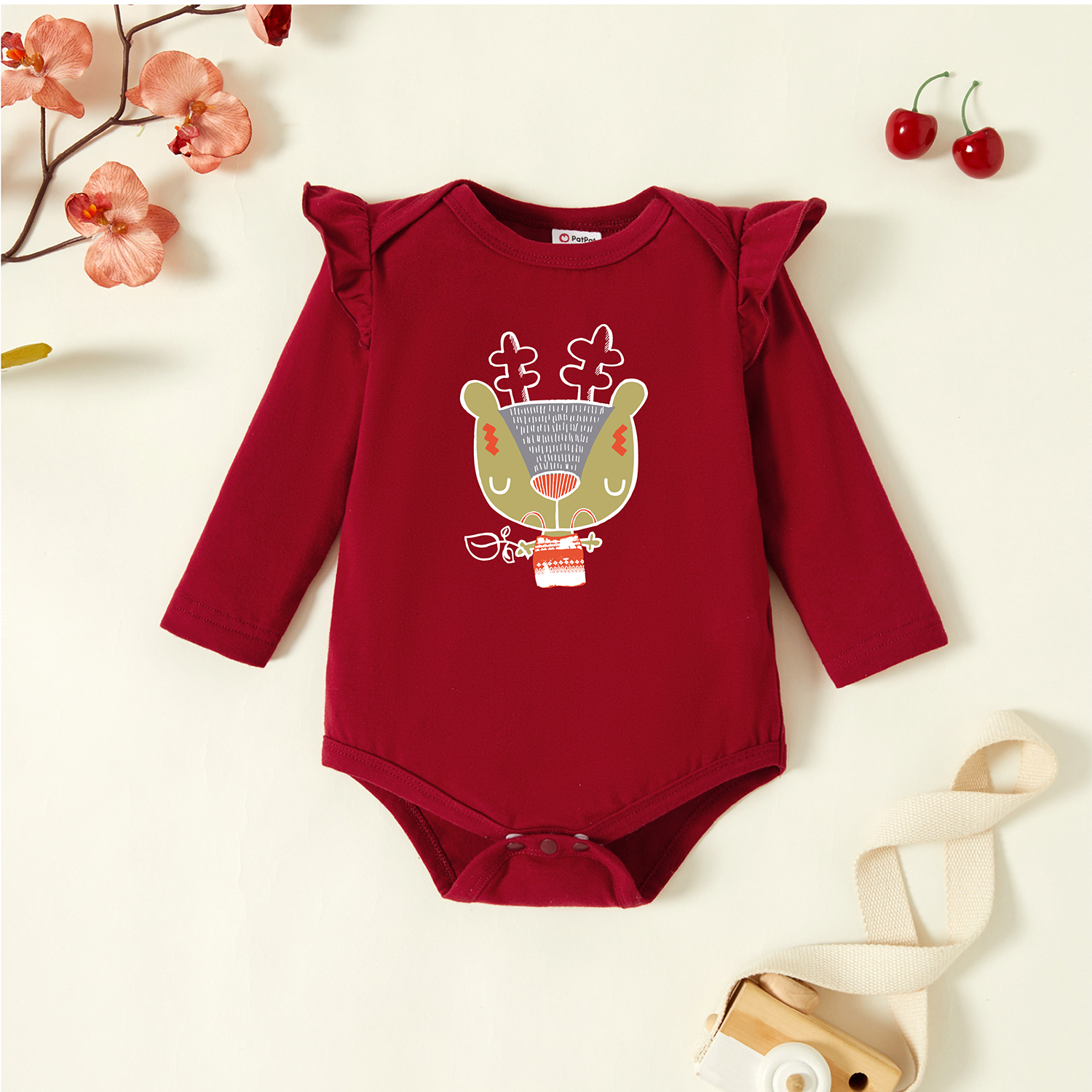 

Baby Graphic Flutter-sleeve Burgundy Long-sleeve Romper