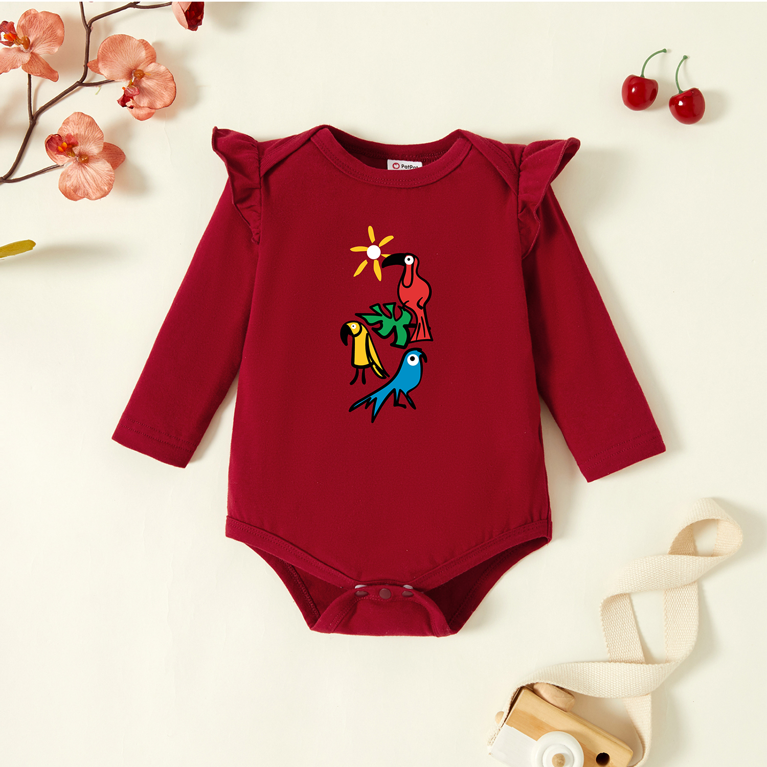 

Baby Graphic Flutter-sleeve Burgundy Long-sleeve Romper