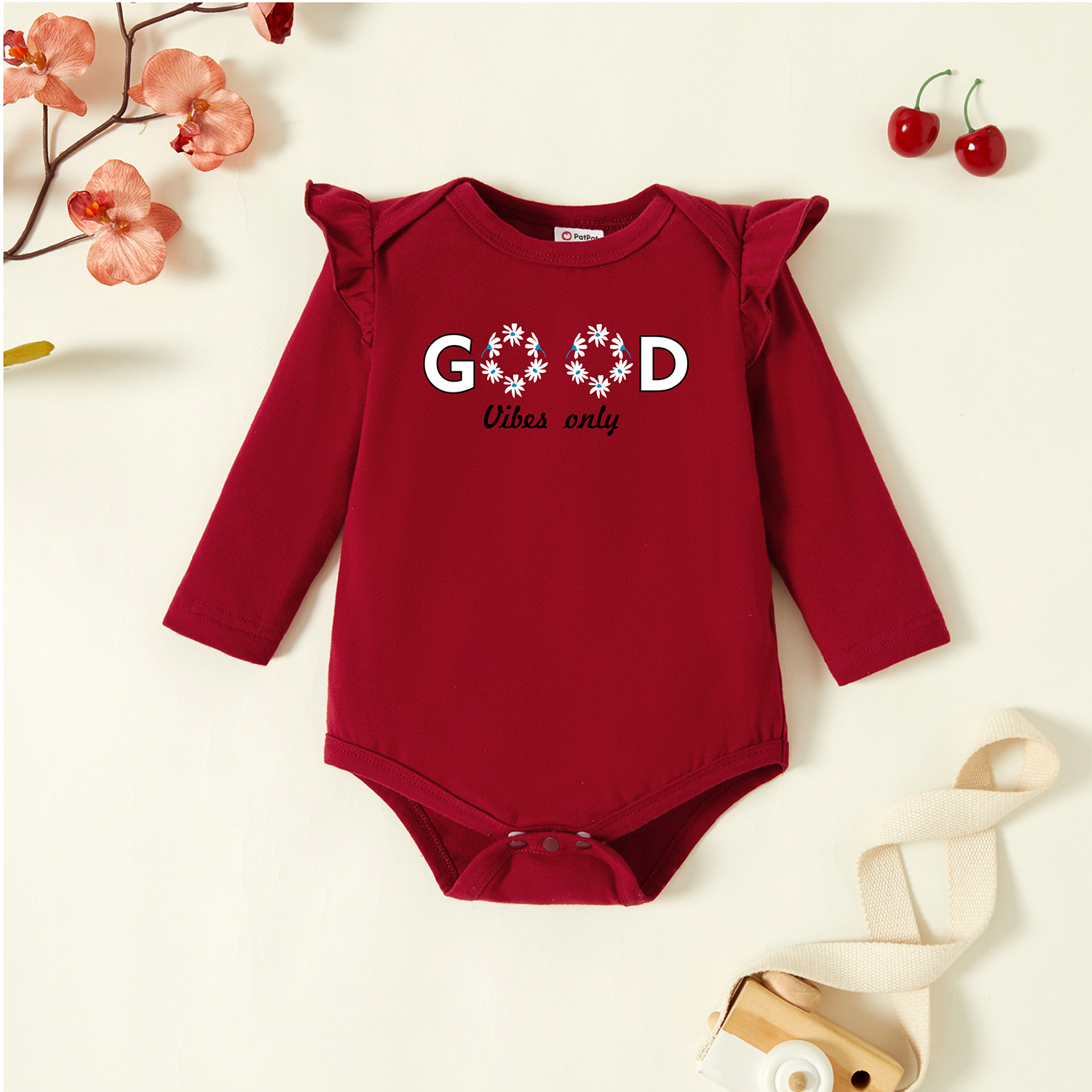 

Baby Graphic Flutter-sleeve Burgundy Long-sleeve Romper