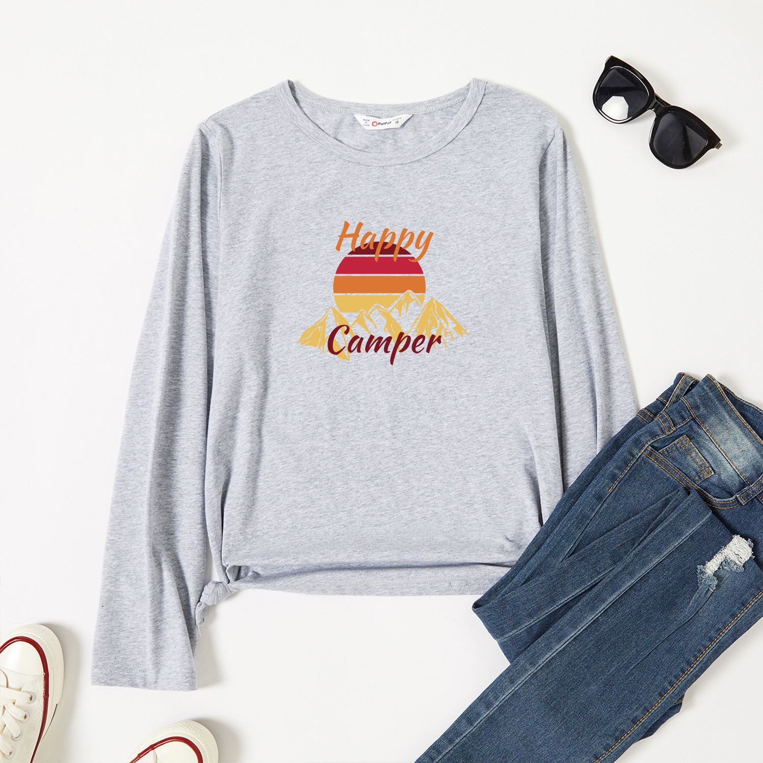 

Graphic Light gray Long-sleeve Round-collar Tee for Women