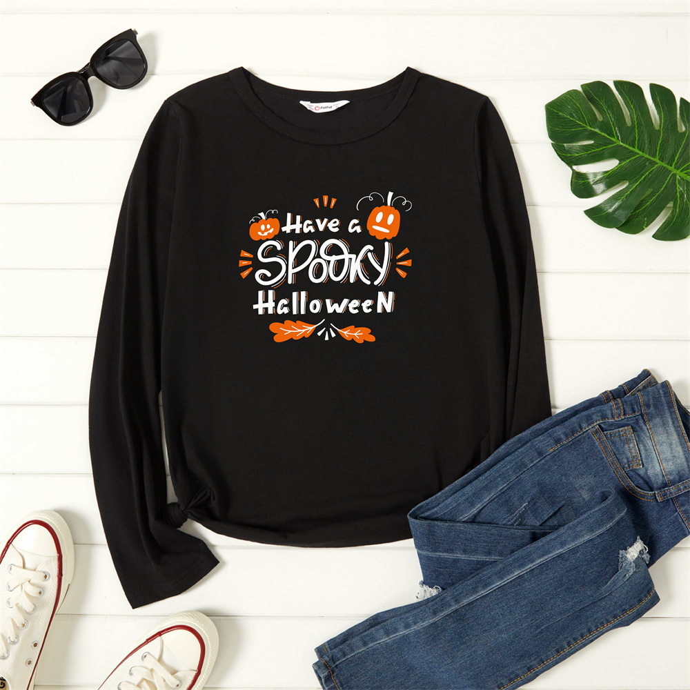 

Graphic Black Long-sleeve Round-collar Tee for Women