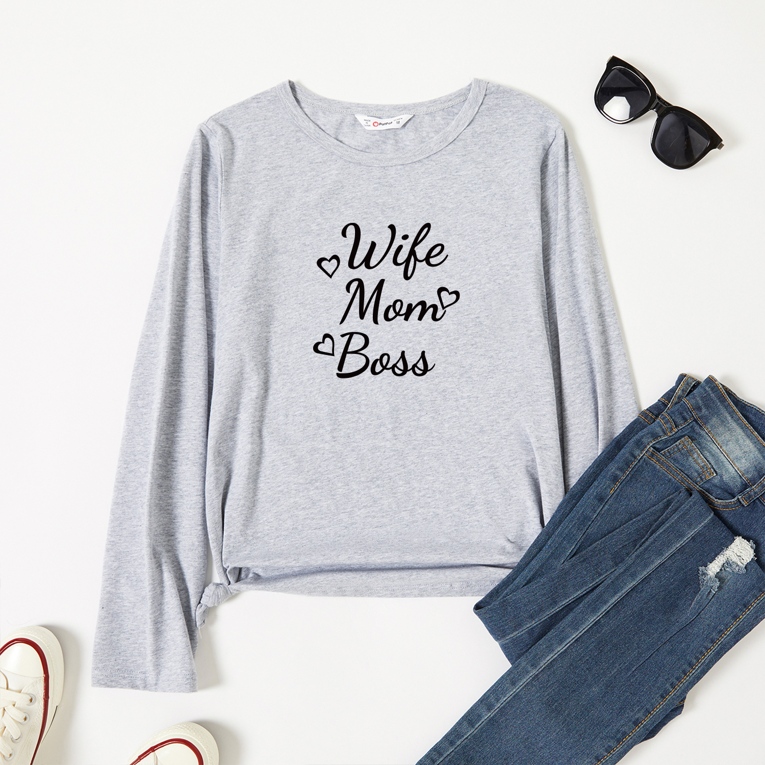 

Graphic Light gray Long-sleeve Round-collar Tee for Women