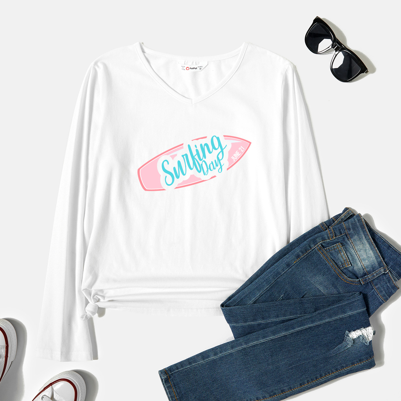 

Graphic White Long-sleeve V Neck Tee for Women