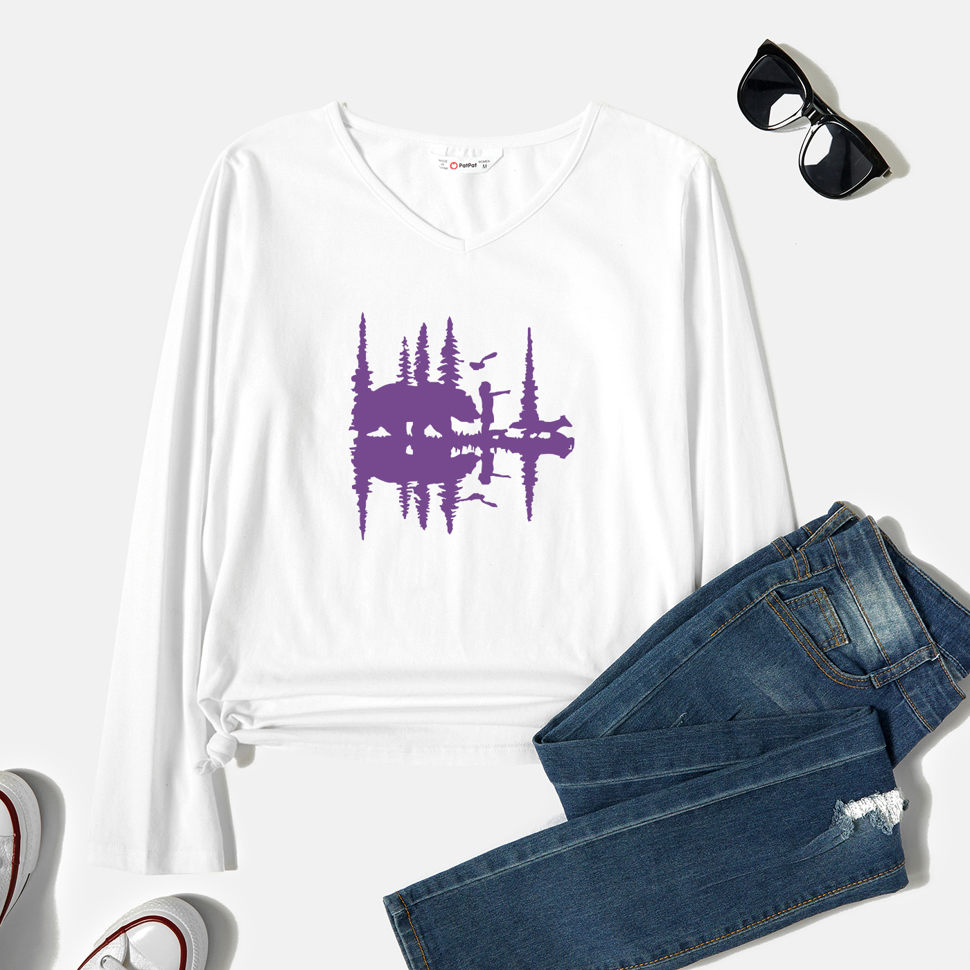 

Graphic White Long-sleeve V Neck Tee for Women