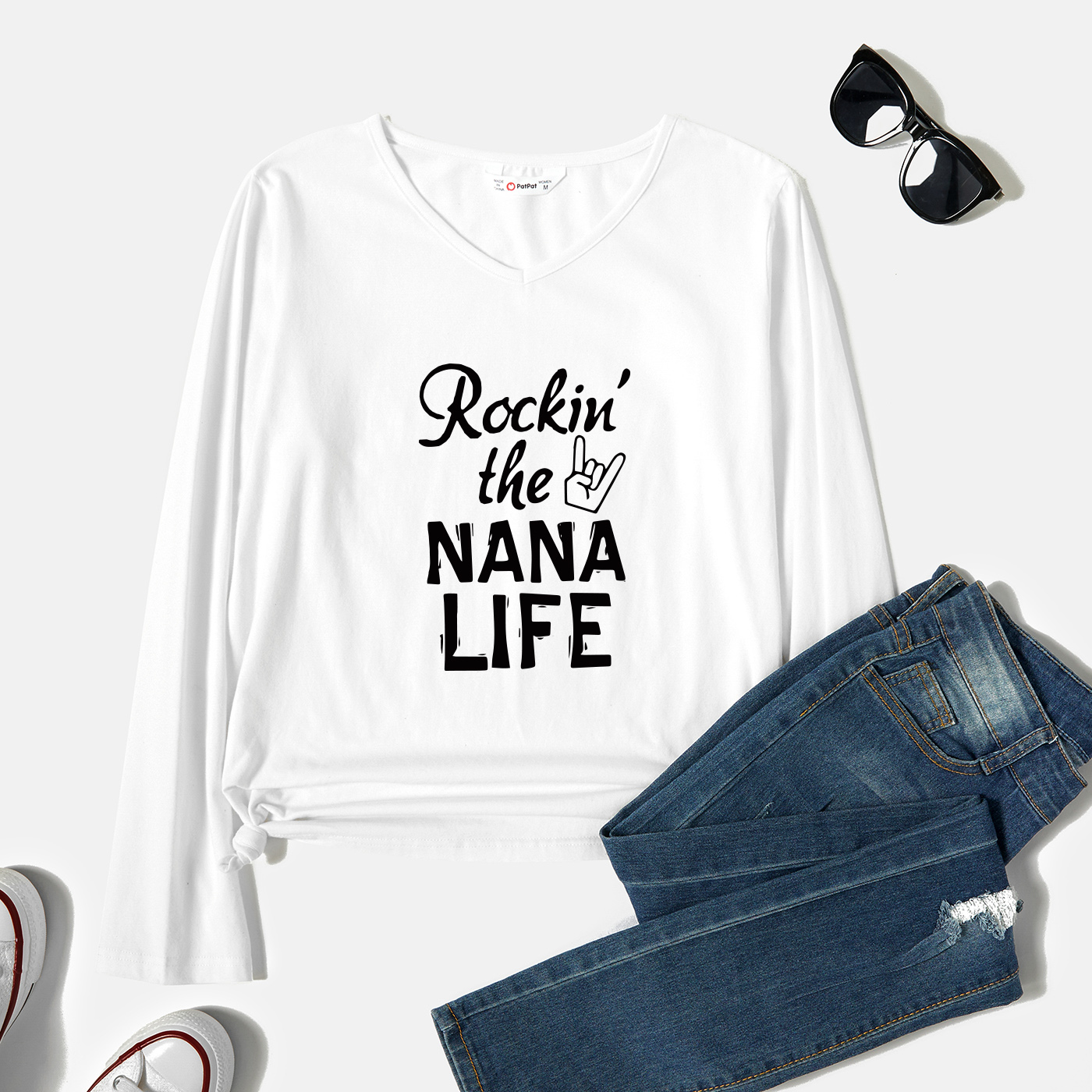 

Graphic White Long-sleeve V Neck Tee for Women