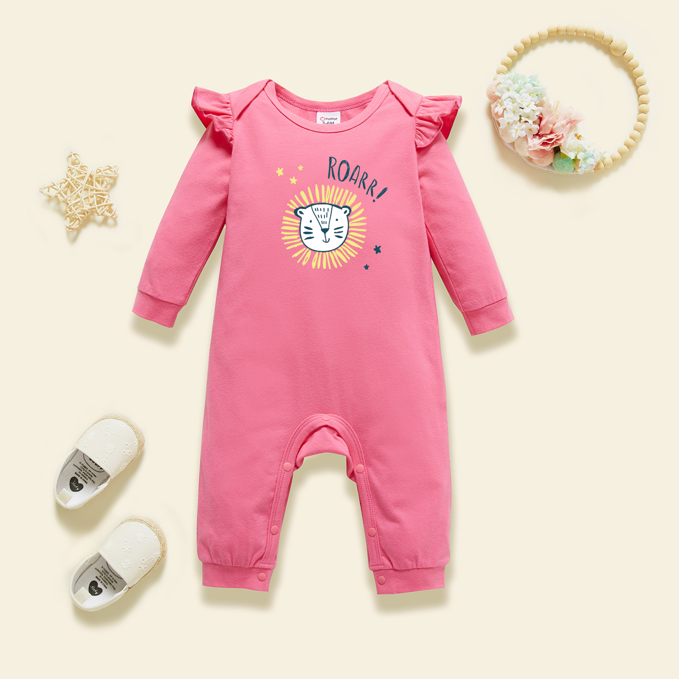 

Baby Graphic Flutter-sleeve Deep pink Long-sleeve Jumpsuit