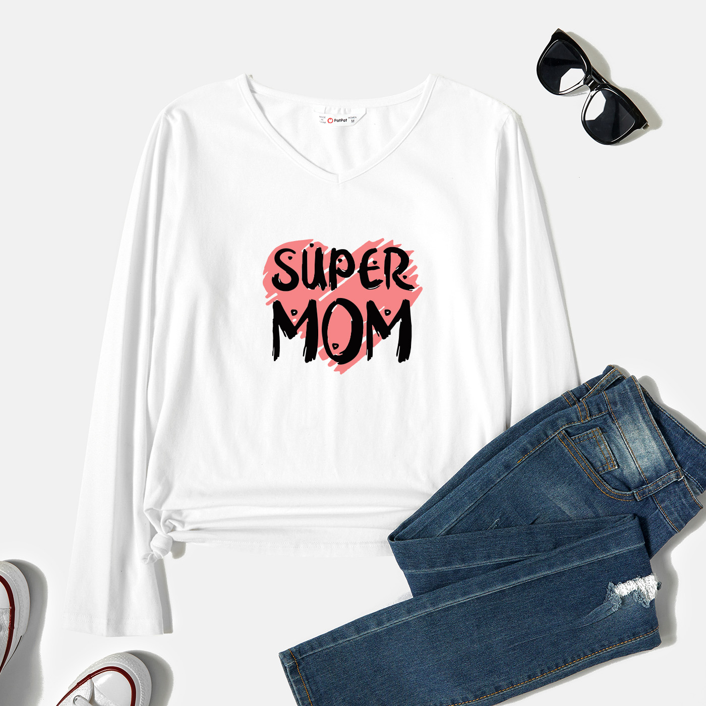 

Graphic White Long-sleeve V Neck Tee for Women