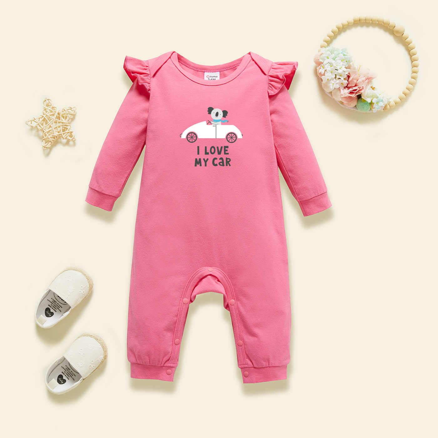 

Baby Graphic Flutter-sleeve Deep pink Long-sleeve Jumpsuit