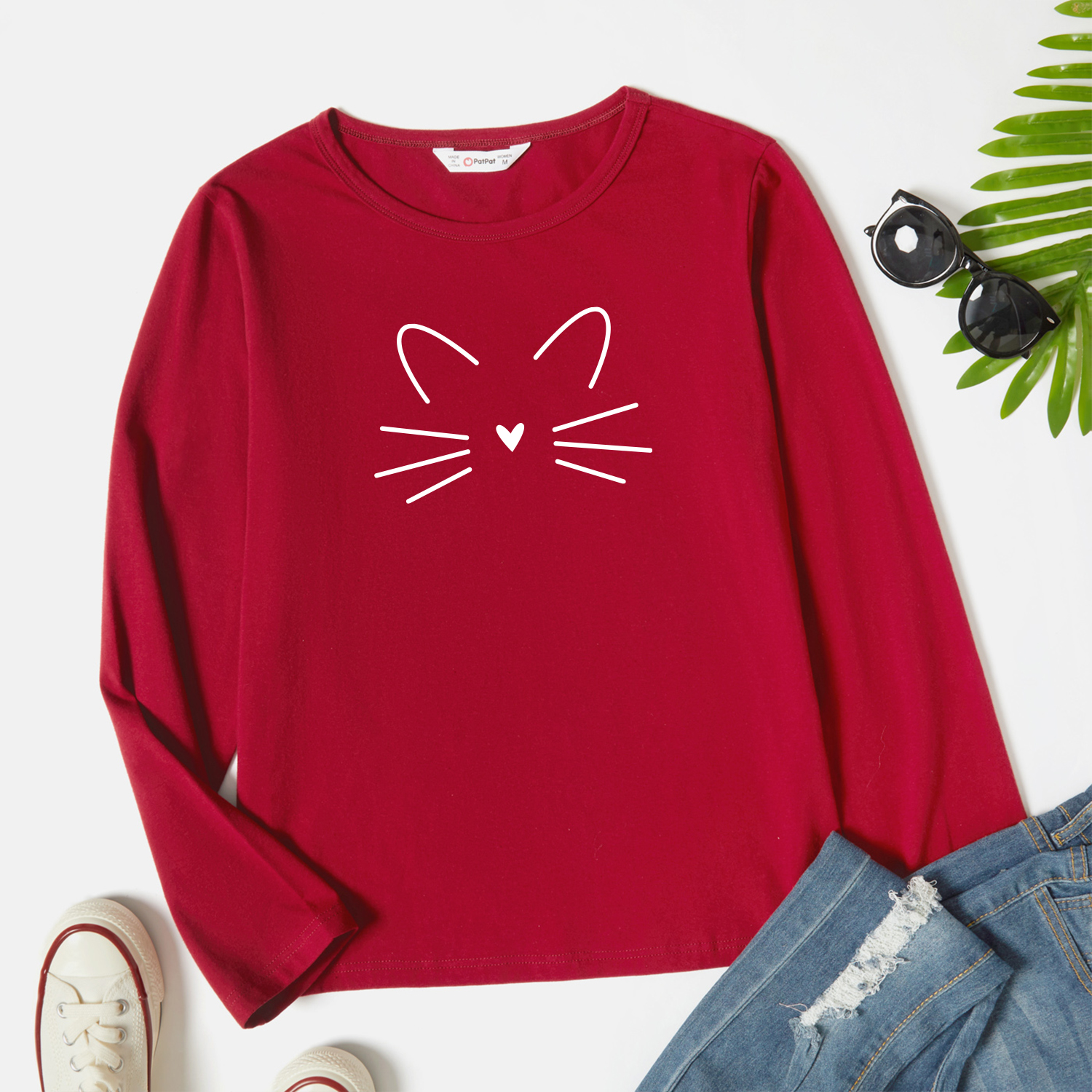

Women Graphic Kitty Print Round-collar Long-sleeve Tee