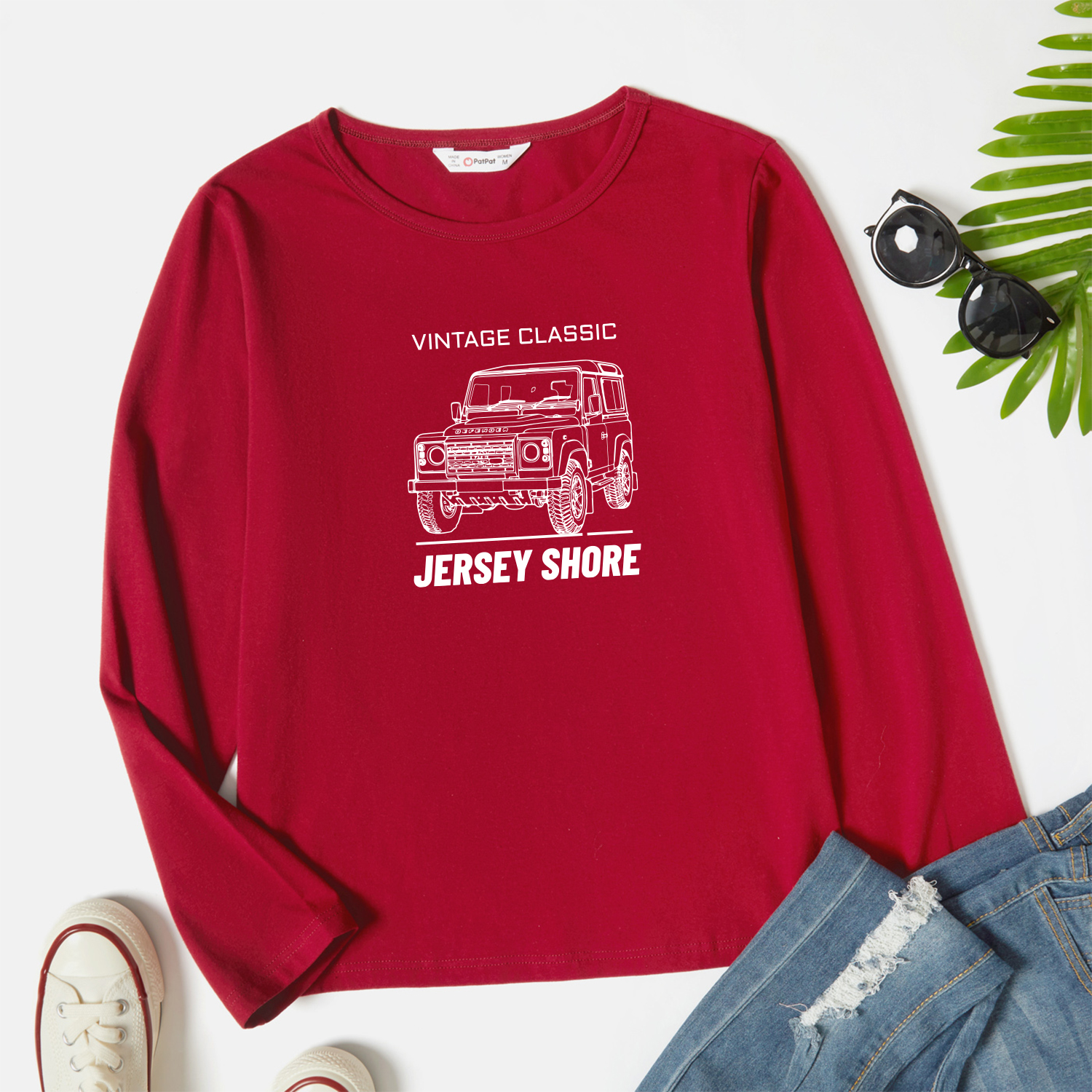 

Graphic Burgundy Long-sleeve Round-collar Tee for Women