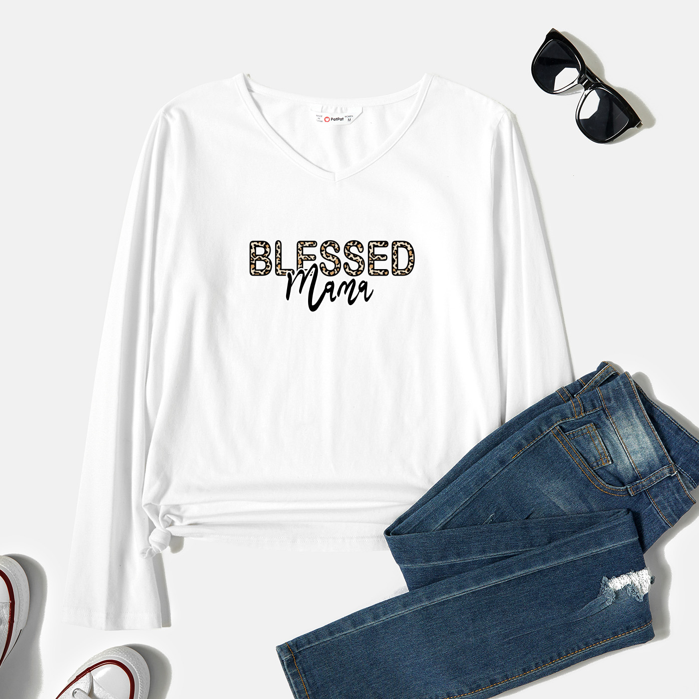 

Graphic White Long-sleeve V Neck Tee for Women