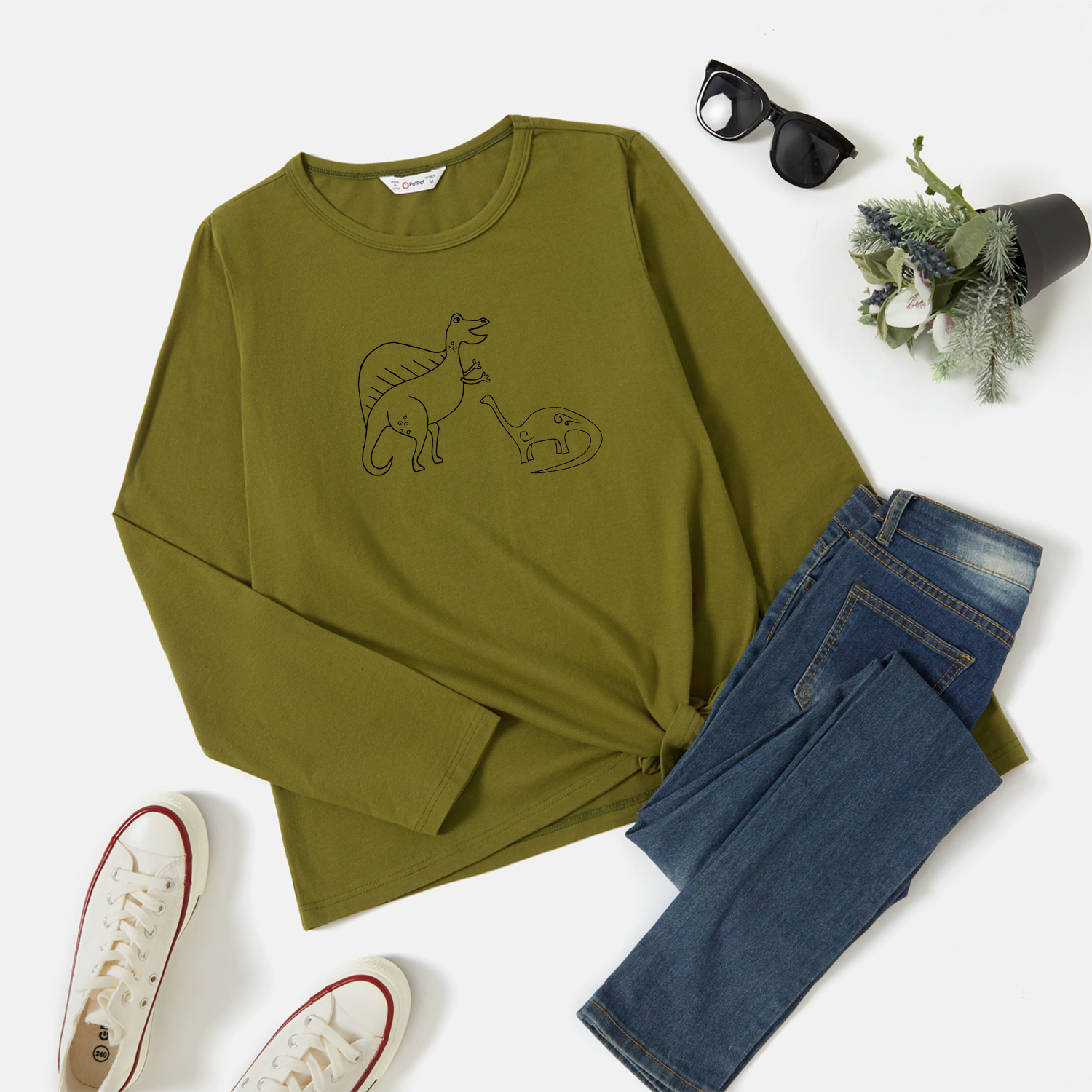 

Graphic Army green Long-sleeve Round-collar Tee for Women