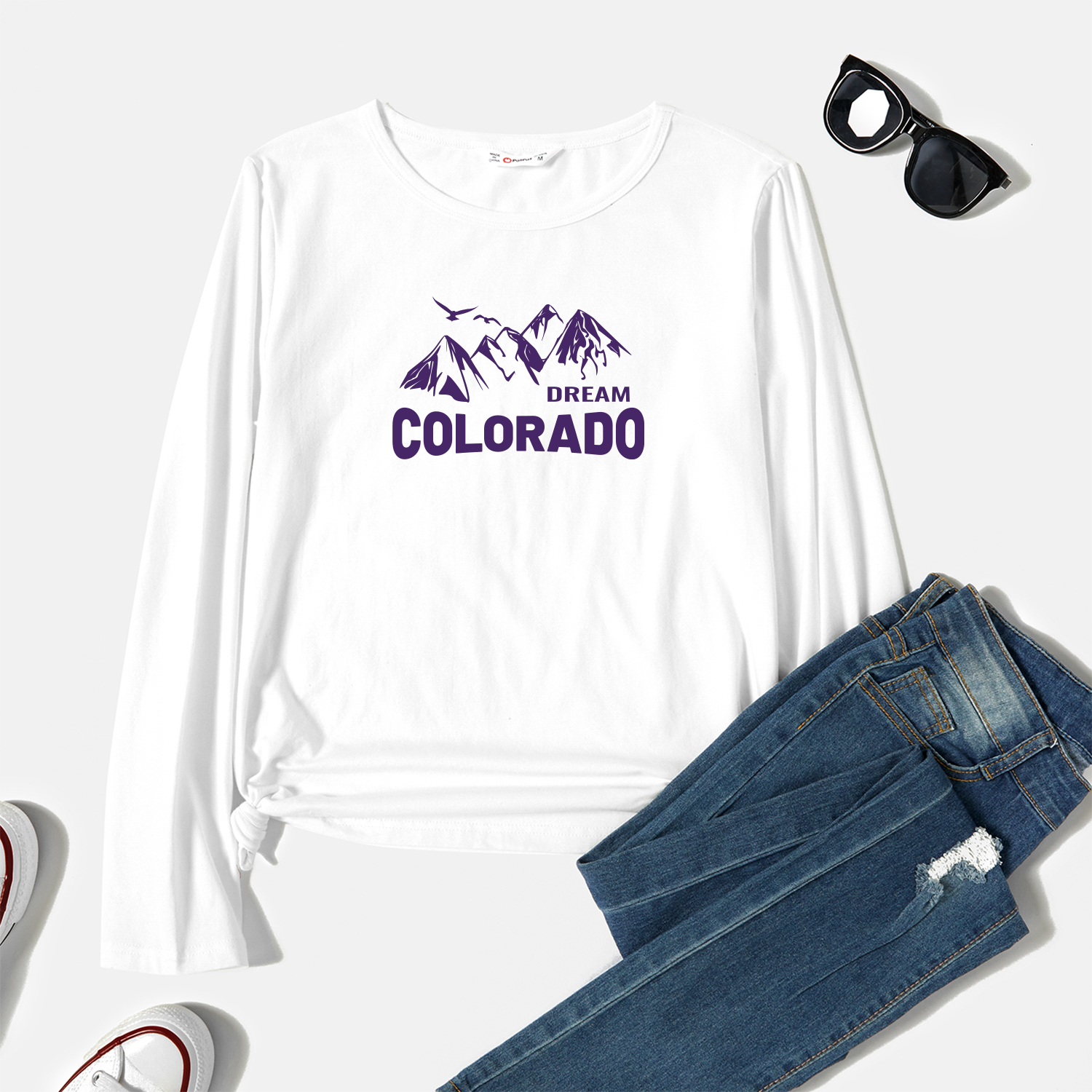 

Graphic White Long-sleeve Round-collar Tee for Women