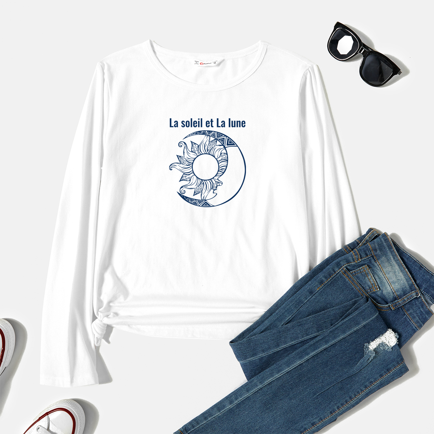 

Graphic White Long-sleeve Round-collar Tee for Women