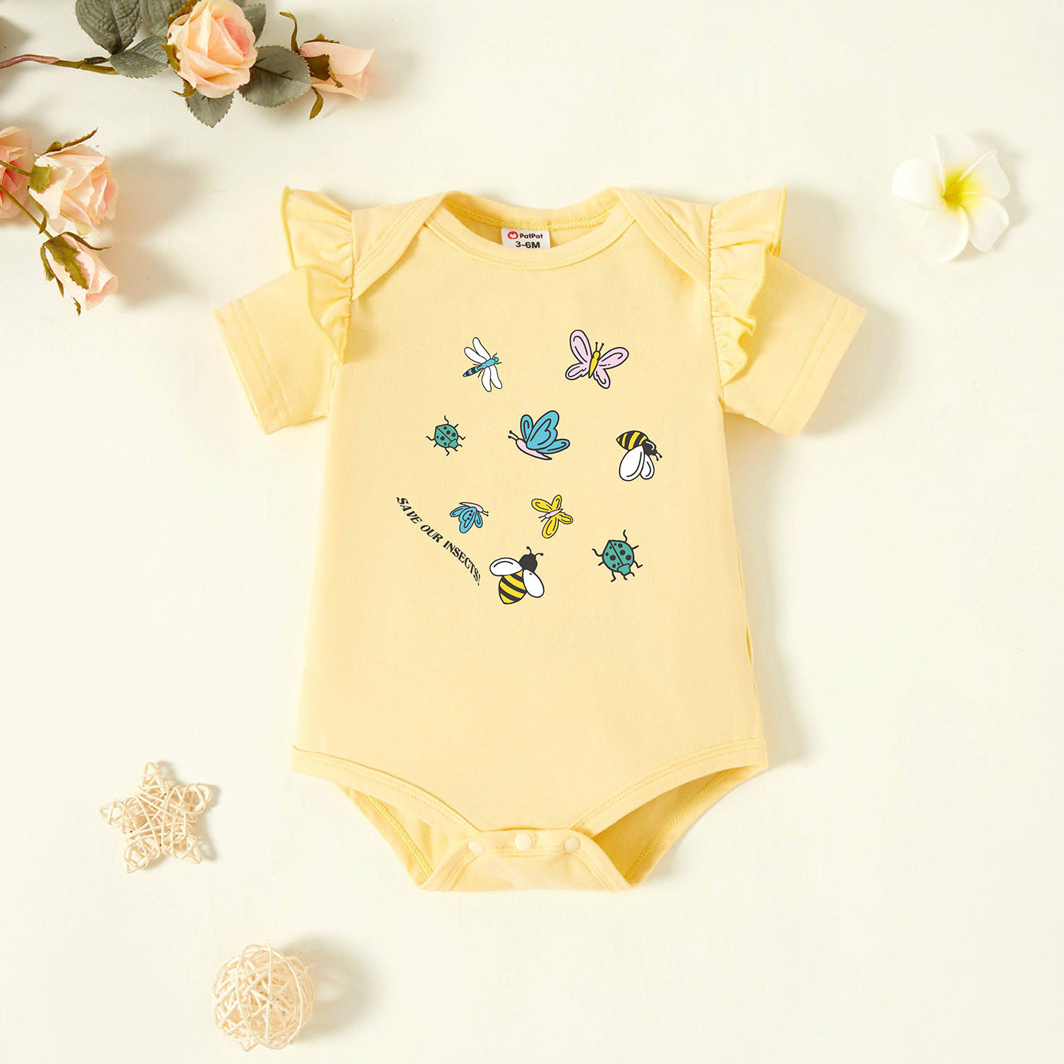 

Baby Graphic Flutter-sleeve Beige Short-sleeve Romper