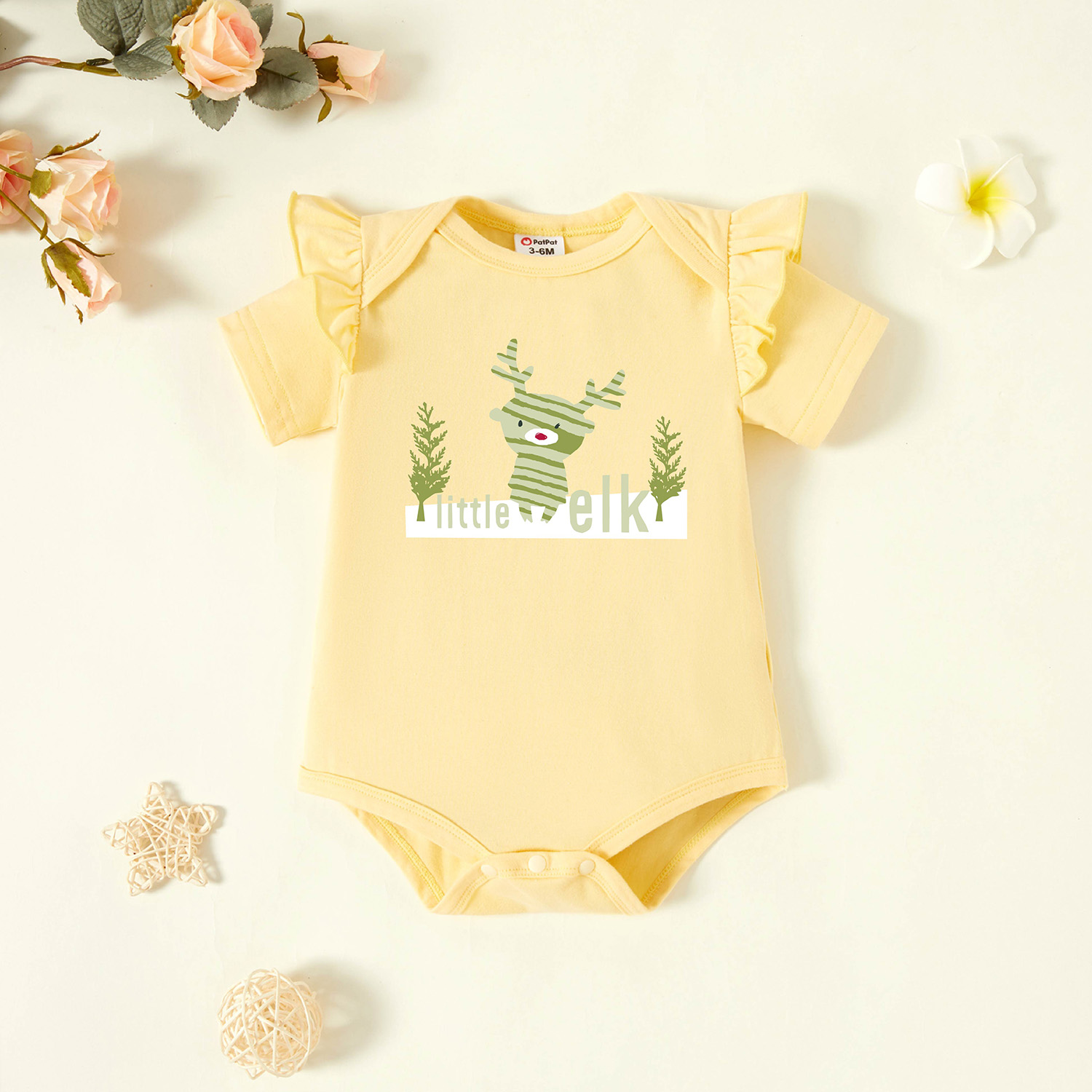 

Baby Graphic Flutter-sleeve Beige Short-sleeve Romper