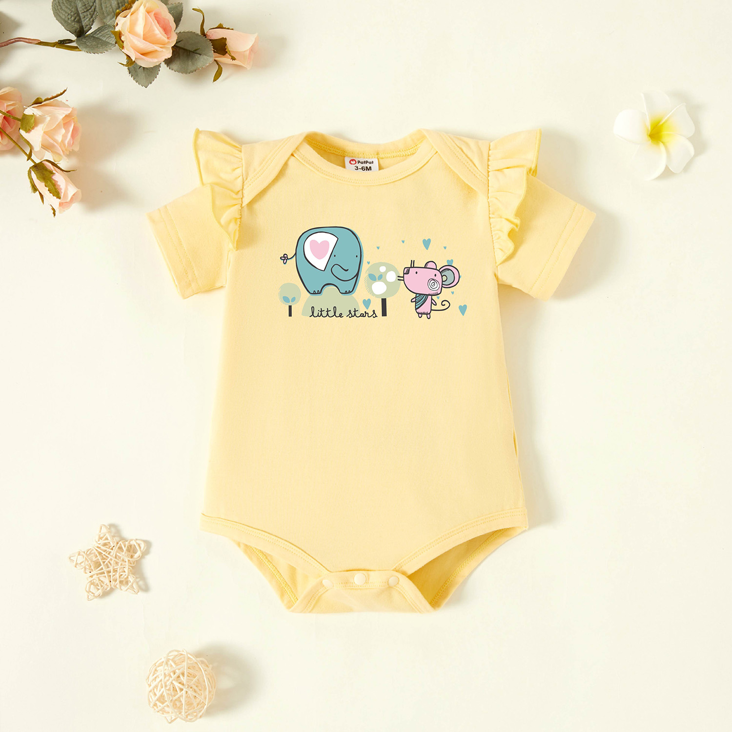 

Baby Graphic Flutter-sleeve Beige Short-sleeve Romper