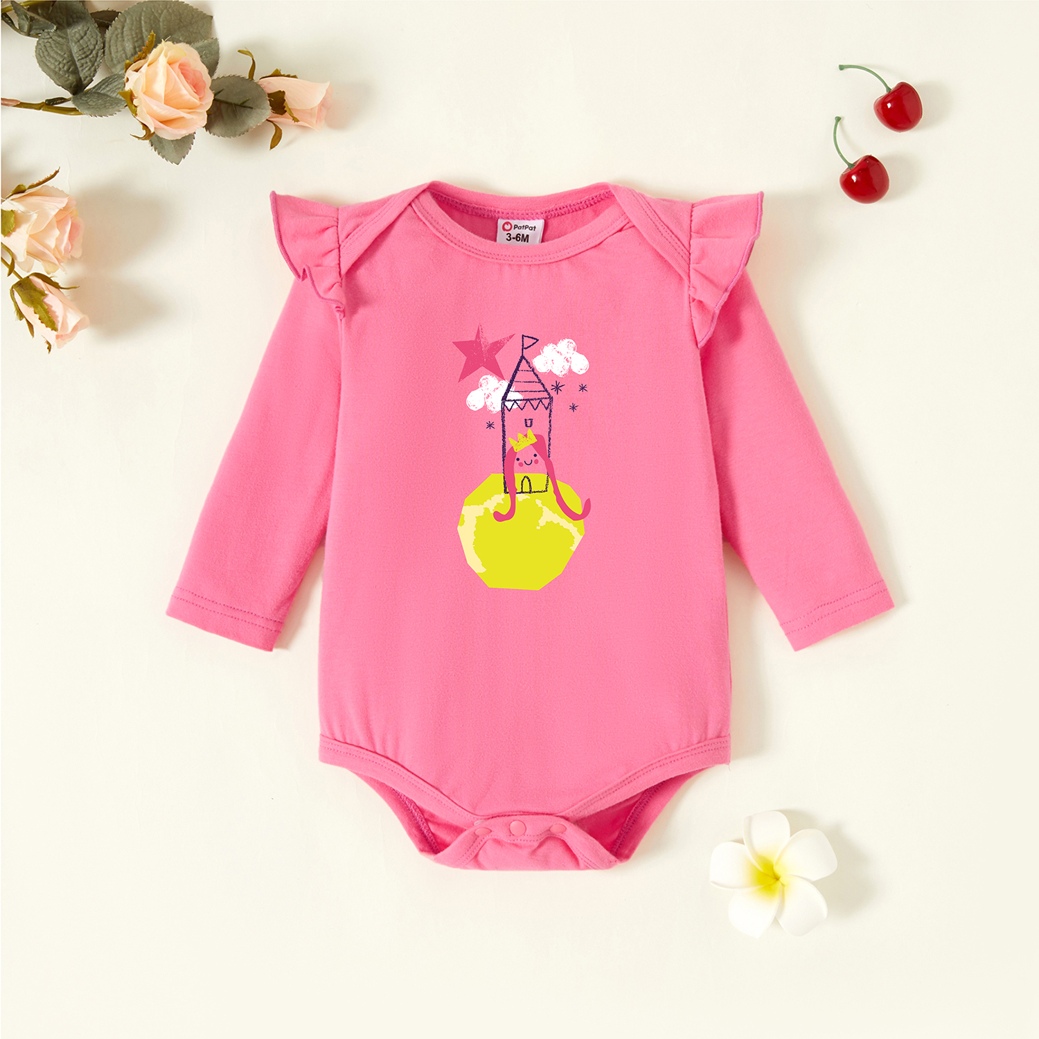 

Baby Graphic Flutter-sleeve Deep pink Long-sleeve Romper