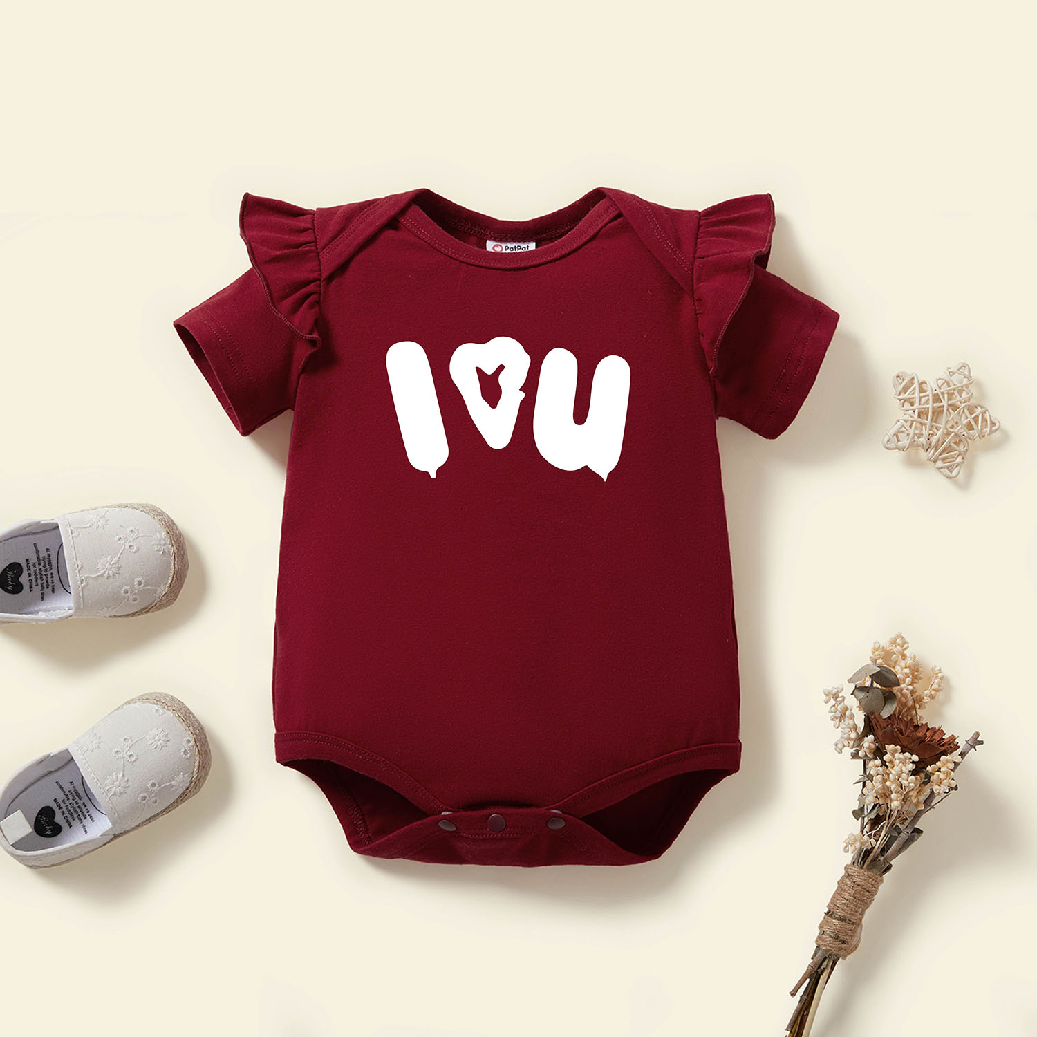 

Baby Graphic Flutter-sleeve Burgundy Short-sleeve Romperr