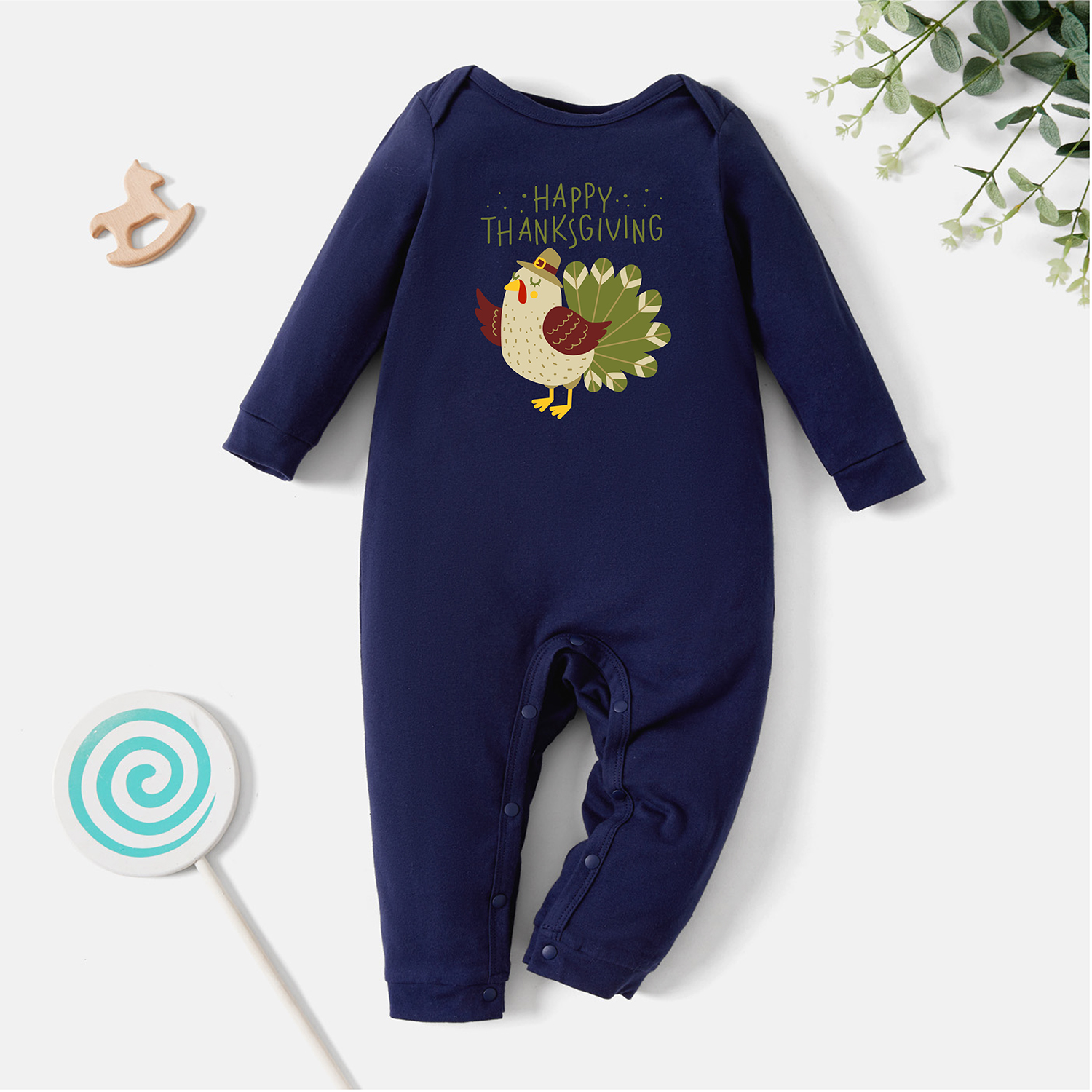 

Thanksgiving Baby Graphic Letter and Turkey Print Long-sleeve Jumpsuit