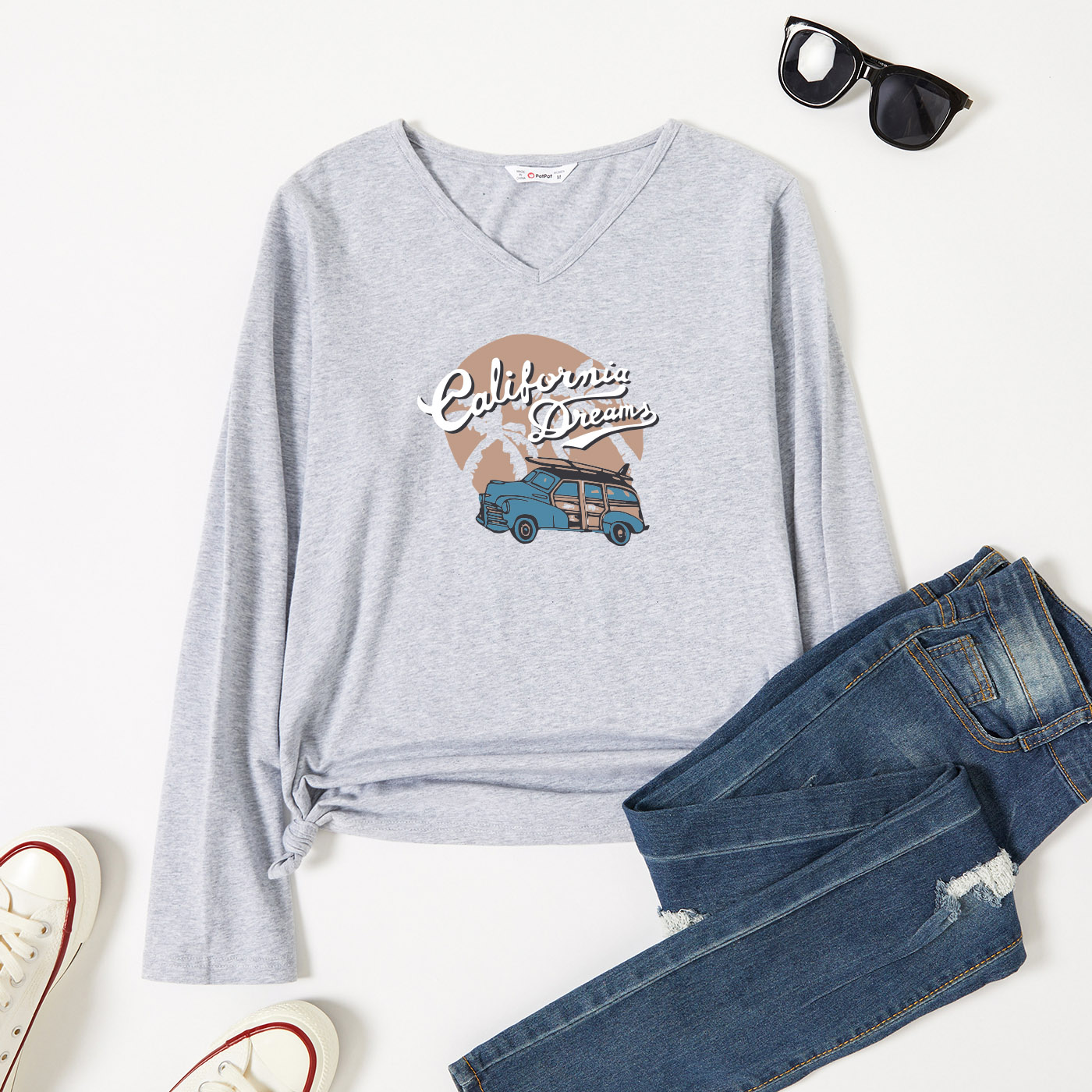 

Graphic Light gray Long-sleeve V Neck Tee for Women