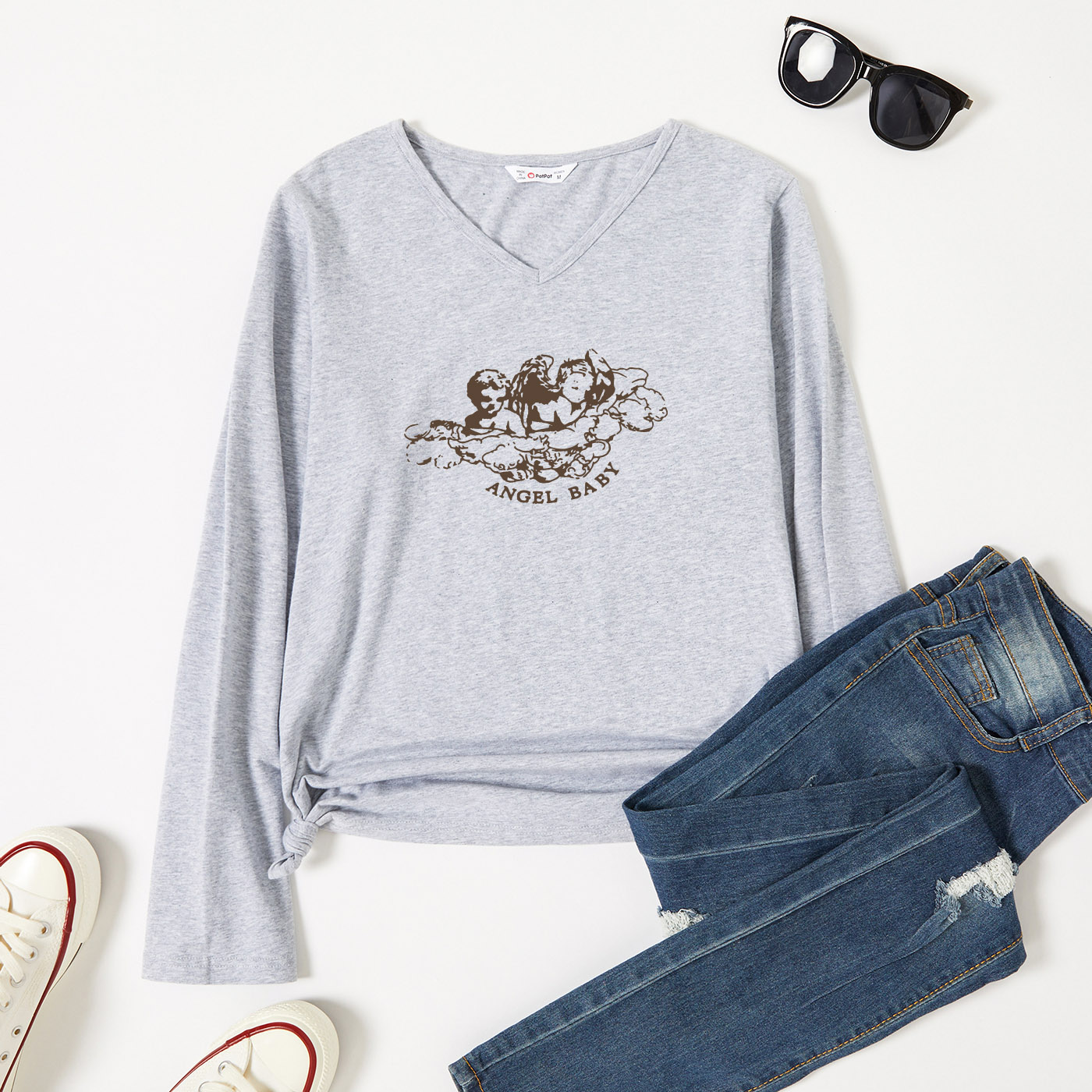 

Graphic Light gray Long-sleeve V Neck Tee for Women