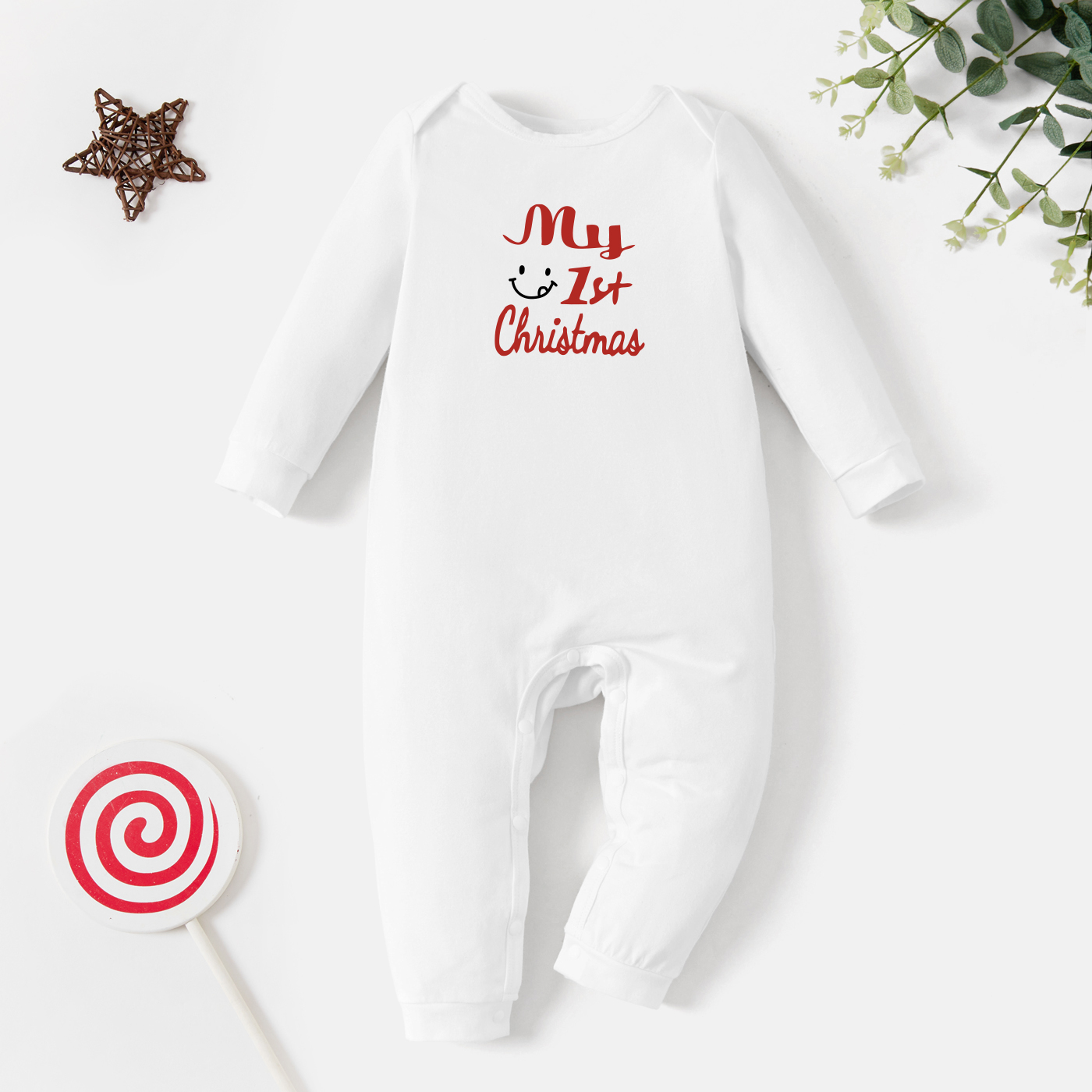 

Christmas Baby Graphic Figure and Smiley and Letter Print Long-sleeve Jumpsuit