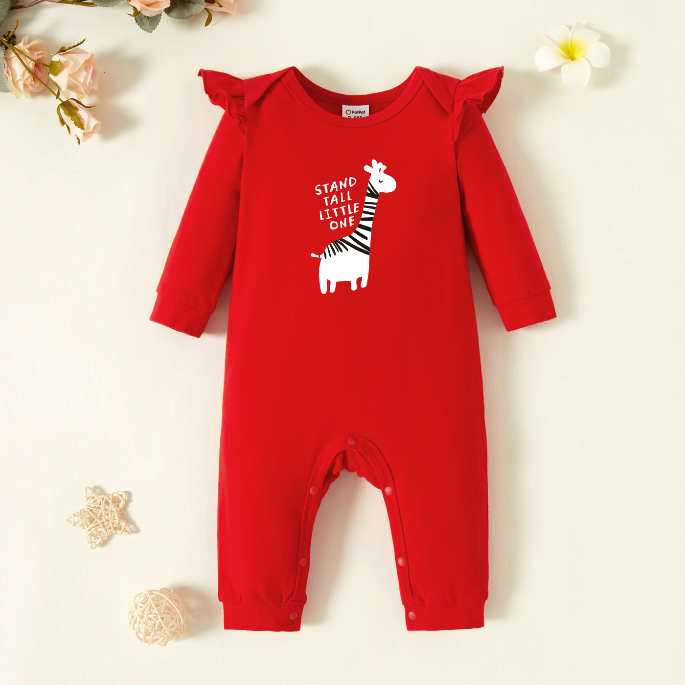 

Baby Graphic Flutter-sleeve Red Long-sleeve Jumpsuit