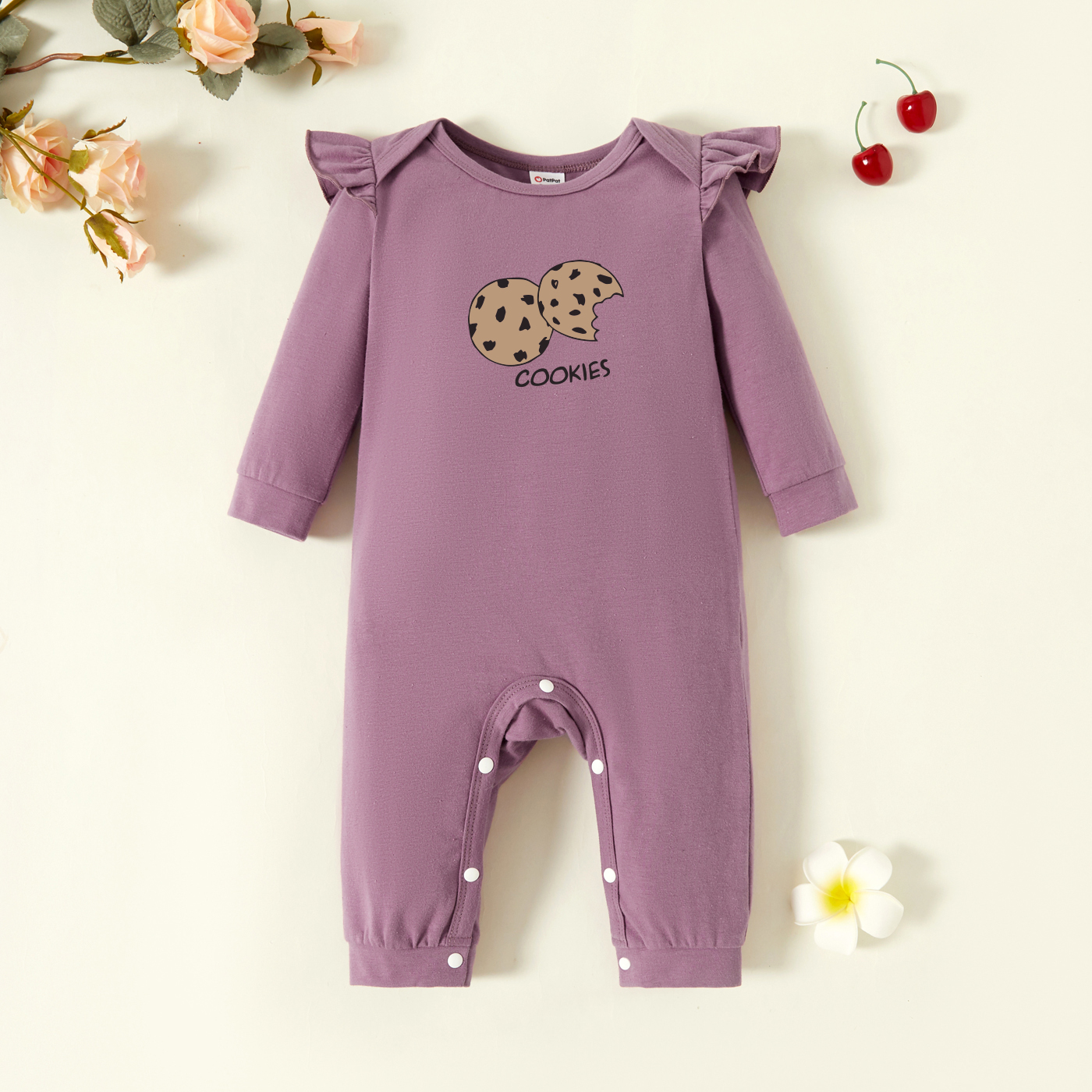

Baby Graphic Flutter-sleeve Purple Long-sleeve Jumpsuit
