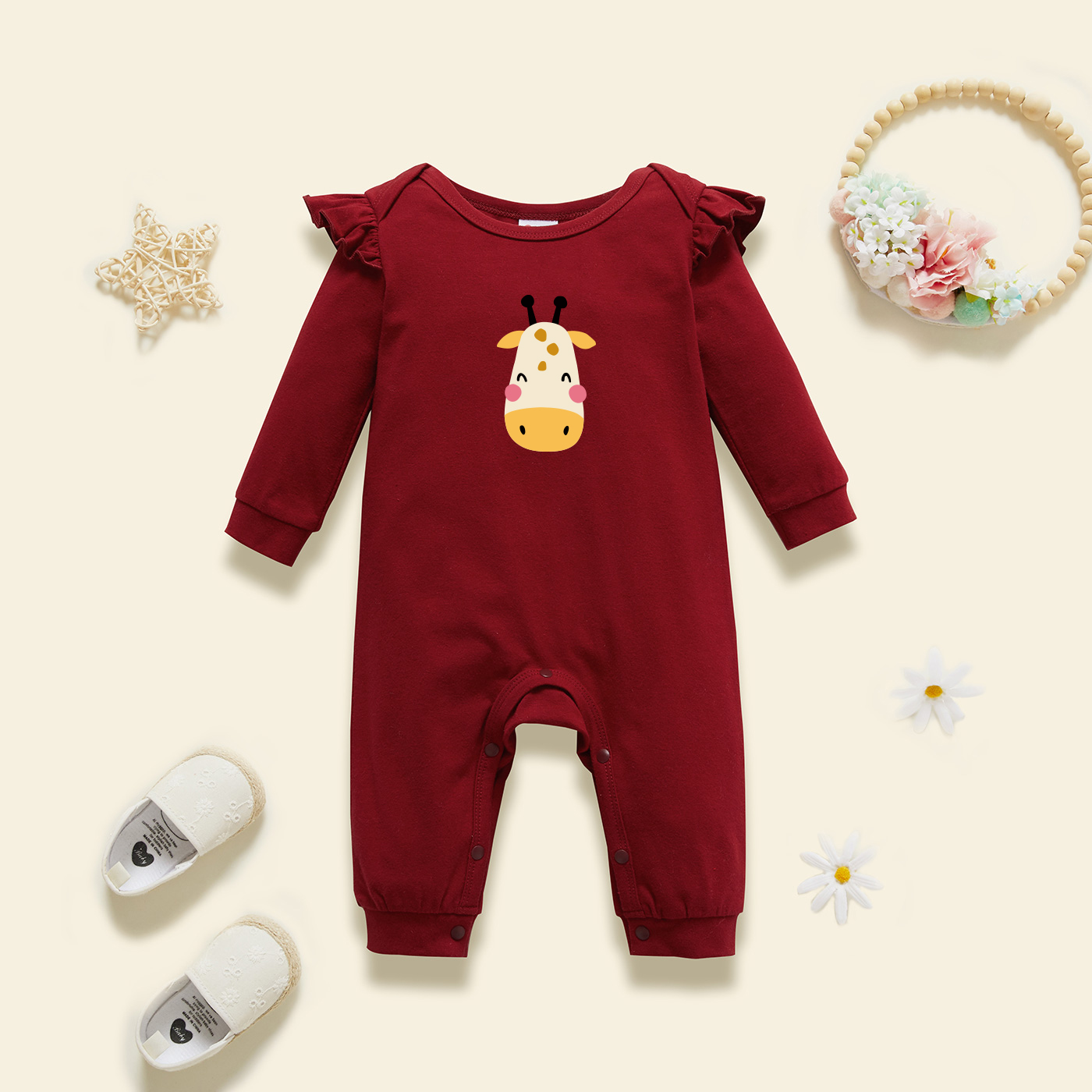 

Baby Graphic Flutter-sleeve Burgundy Long-sleeve Jumpsuit