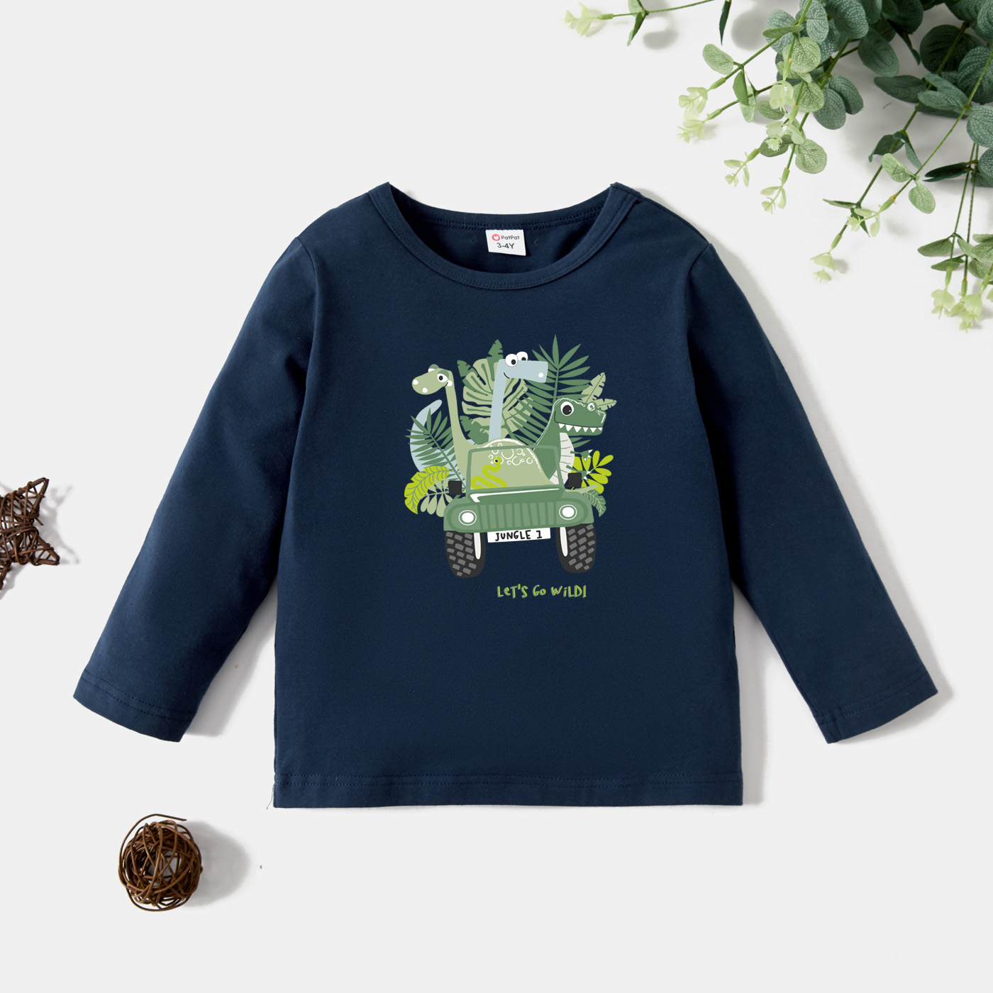 

Toddler Boy Graphic Dinosaur and Truck and Plant Print Long-sleeve Tee