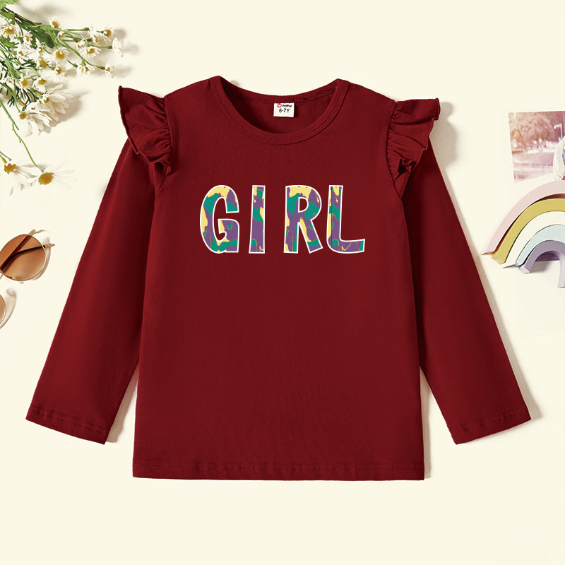 

Kid Girl Graphic Letter Print Ruffled Long-sleeve Tee