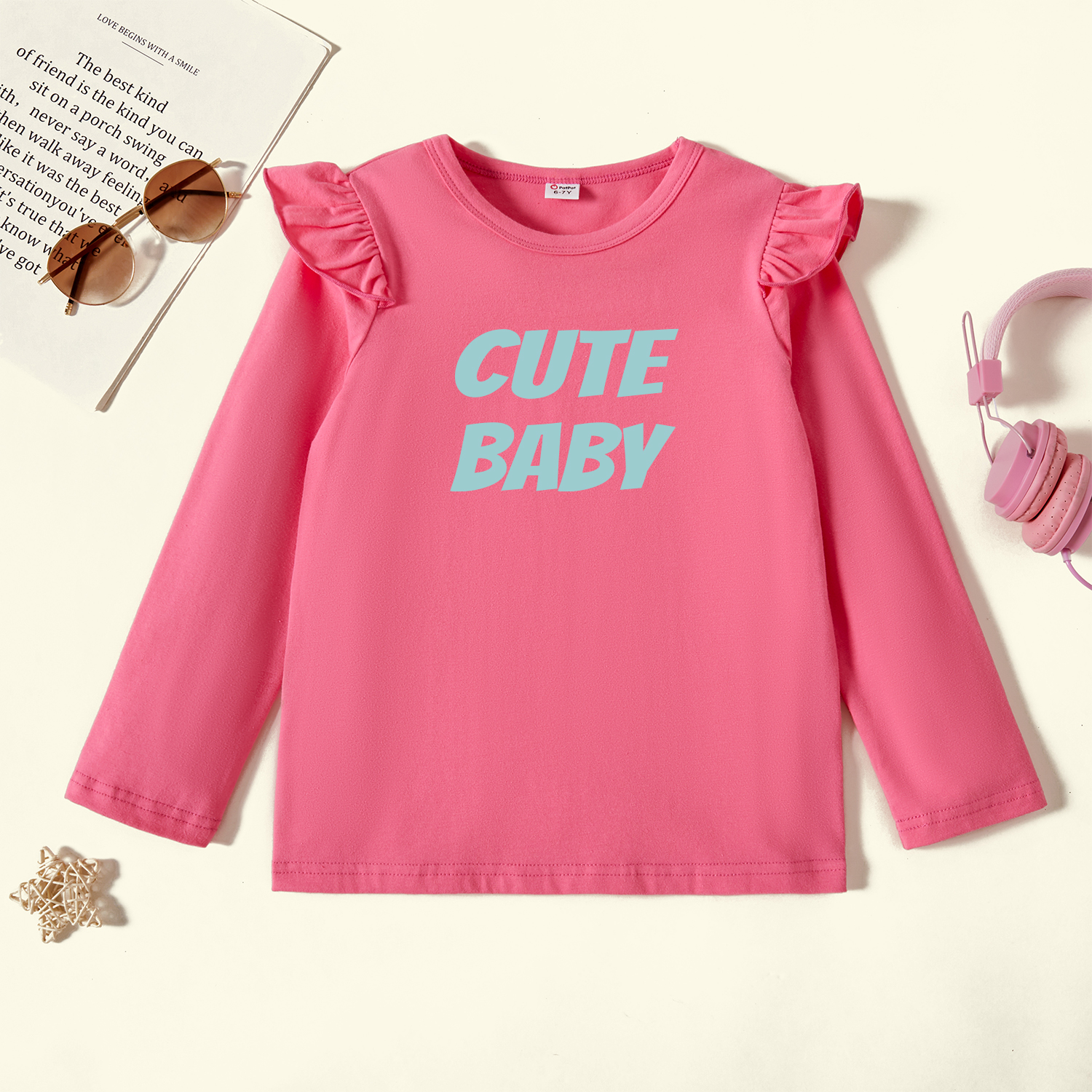

Kids Graphic Flutter-sleeve Deep Pink Long-sleeve Tee