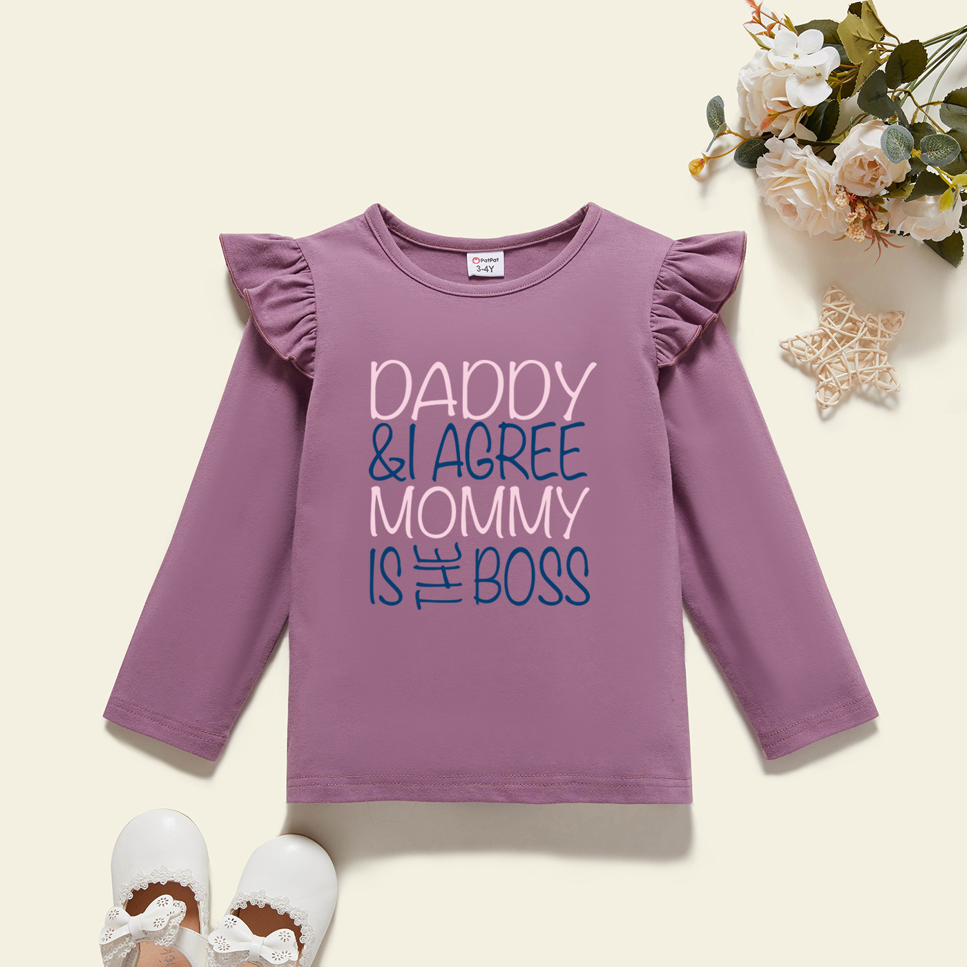 

Toddler Girl Graphic Letter Print Ruffled Long-sleeve Tee