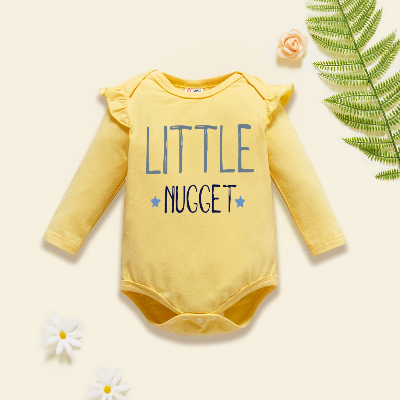 

Baby Graphic Flutter-sleeve Beige Long-sleeve Romper