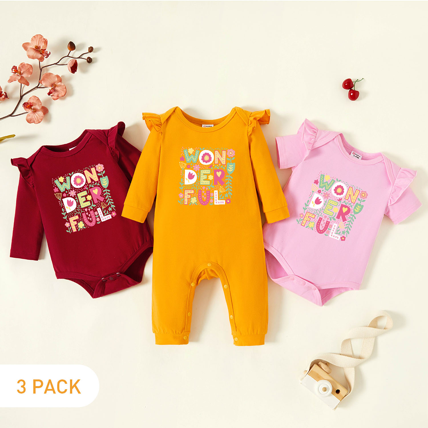 

3-Pack Baby Graphic Flutter-sleeve Romper and Jumpsuit Set