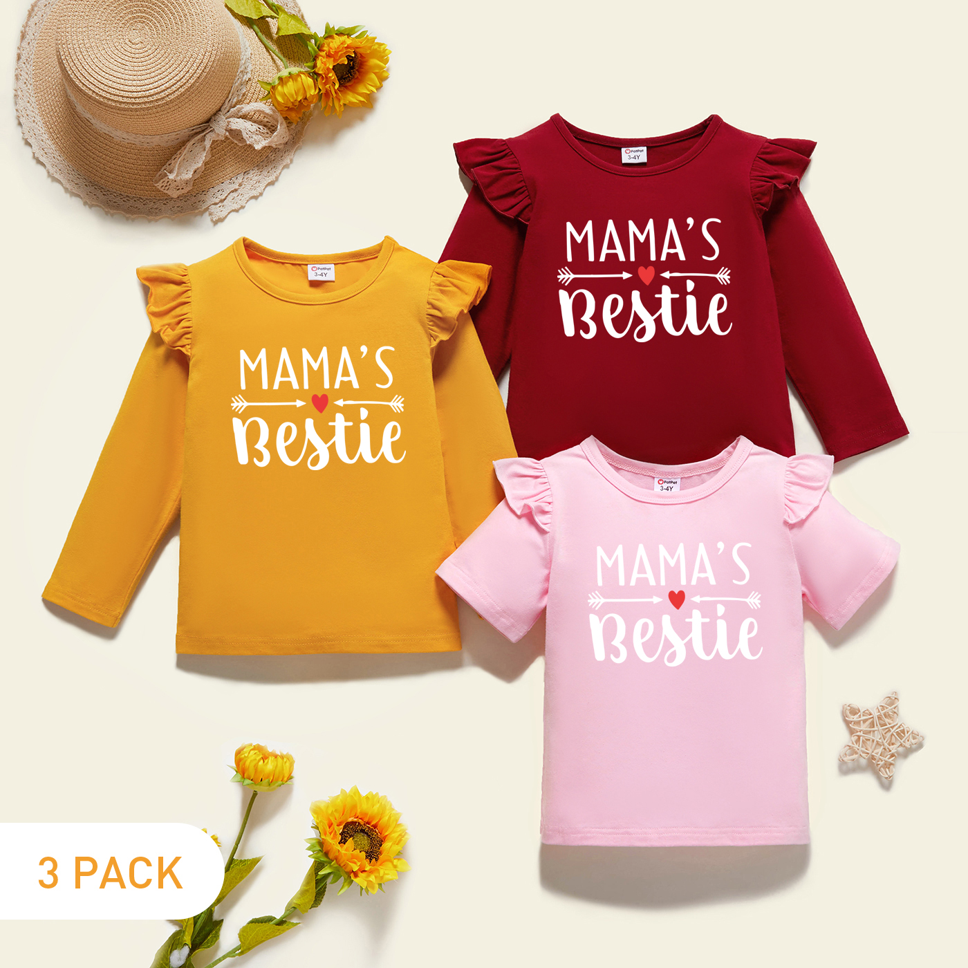 

3-Pack Toddler Girl Graphic Letter and Heart Print Ruffled Long-sleeve & Short-sleeve Tee Set