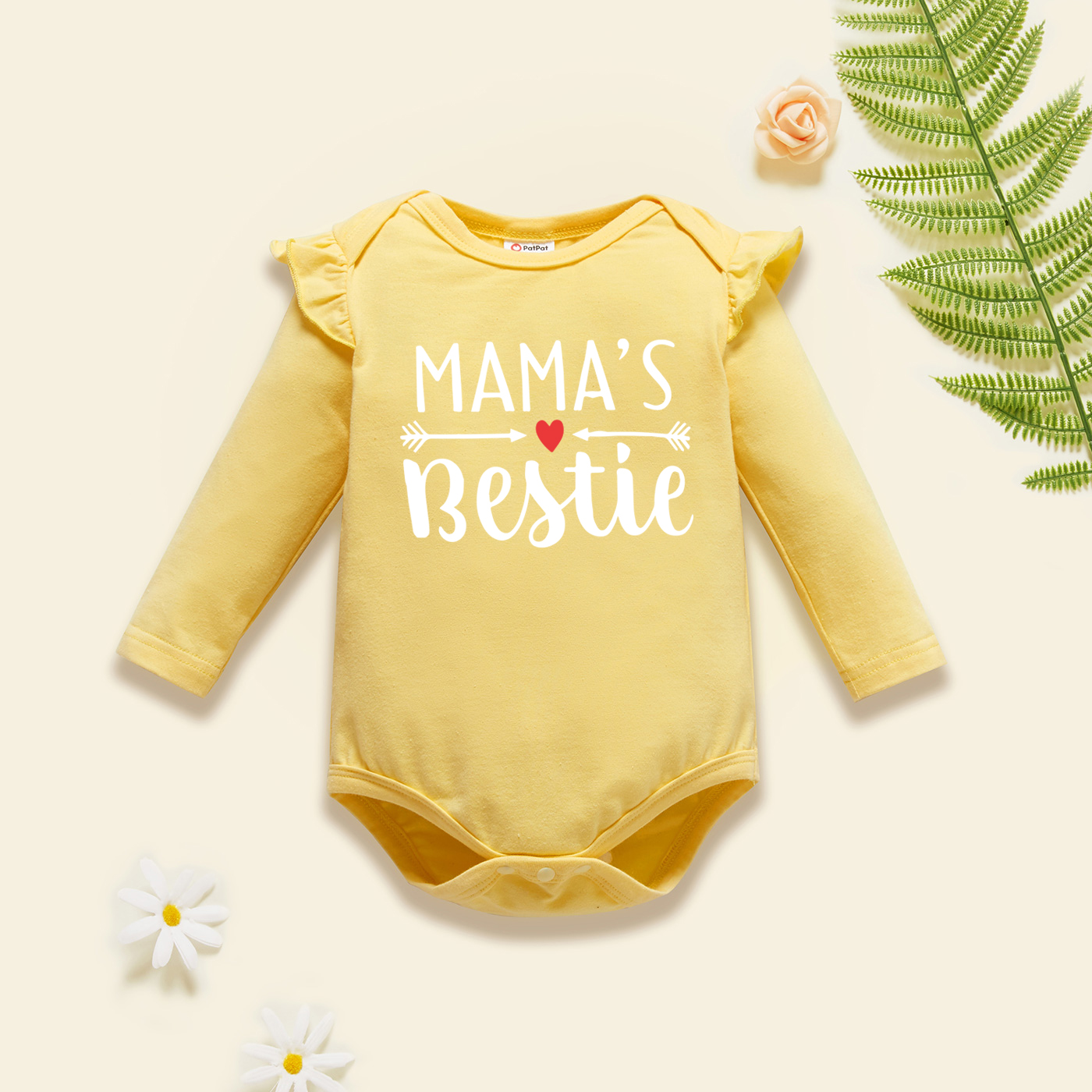 

Baby Girl Graphic Letter and Heart Print Ruffled Long-sleeve Romper