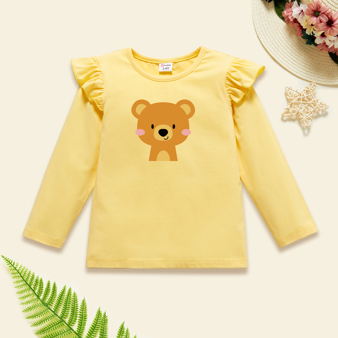 

Toddler Graphic Flutter-sleeve Beige Long-sleeve Tee
