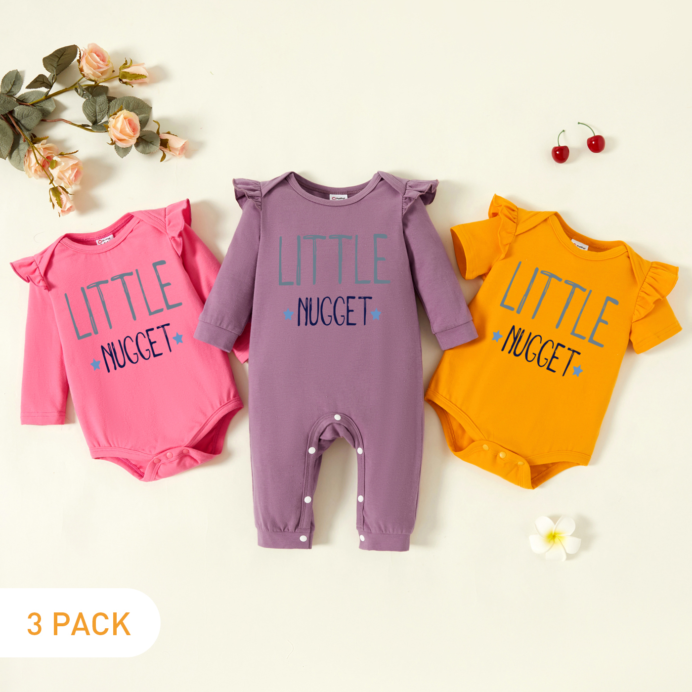 

3-Pack Baby Graphic Flutter-sleeve Romper and Jumpsuit Set