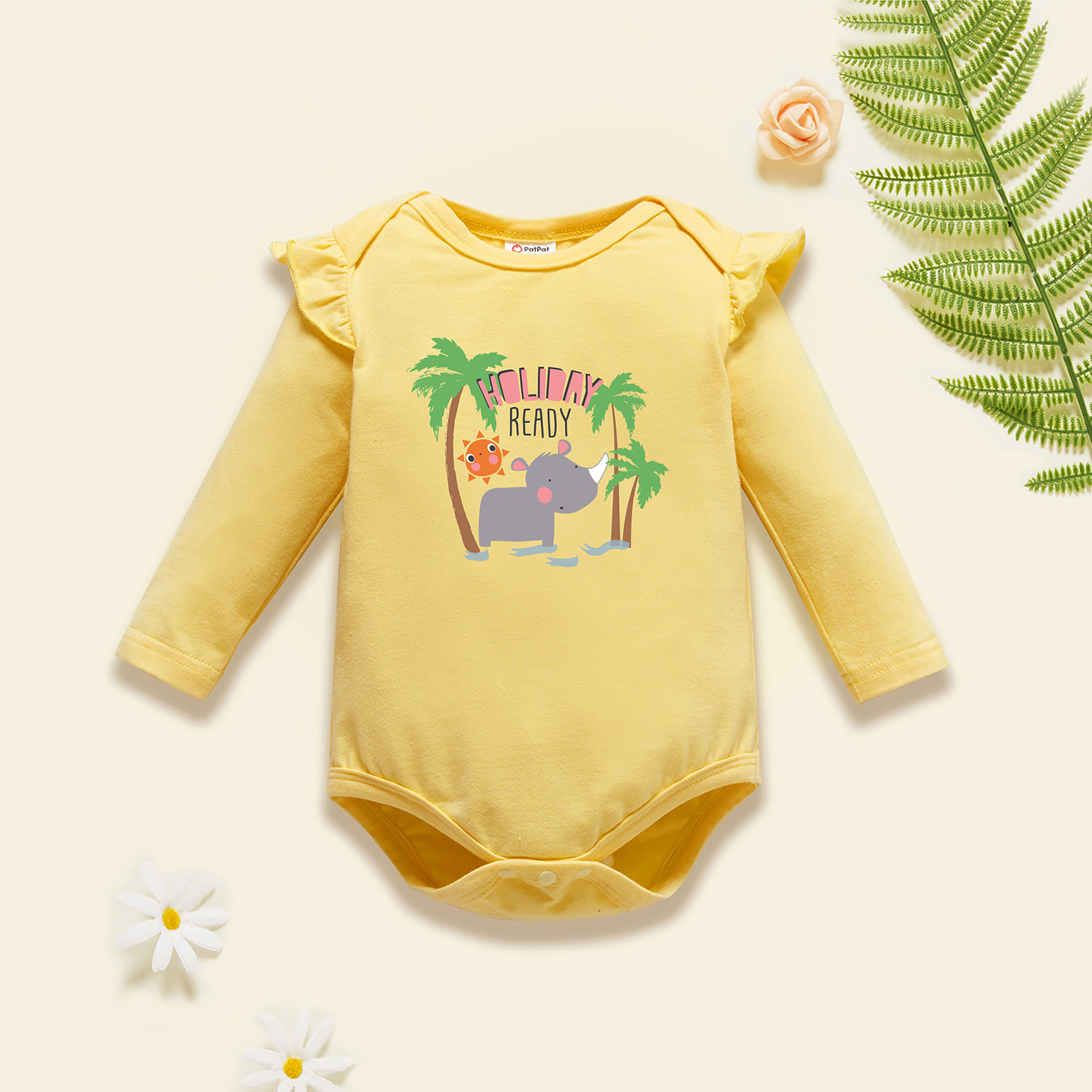 

Baby Graphic Flutter-sleeve Beige Long-sleeve Romper