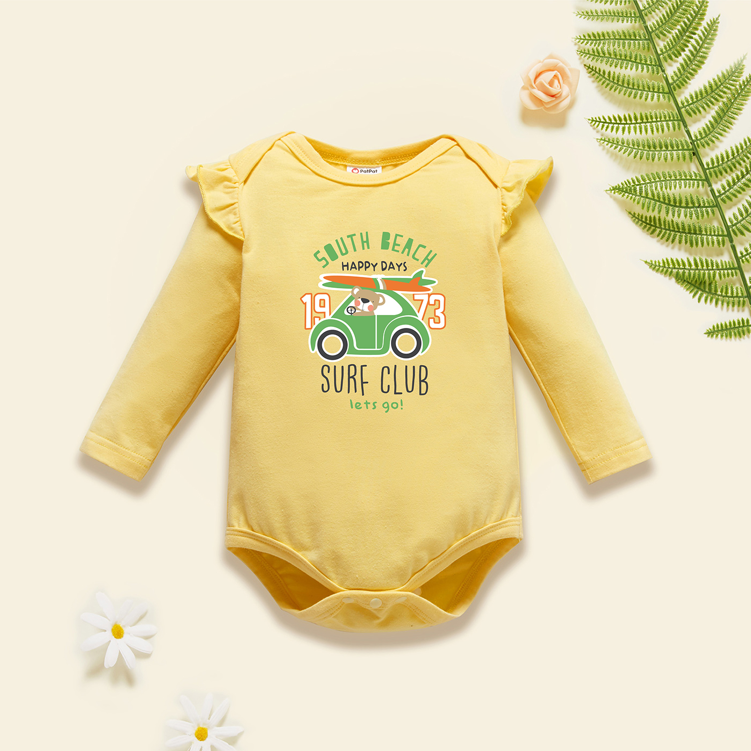 

Baby Graphic Flutter-sleeve Beige Long-sleeve Romper