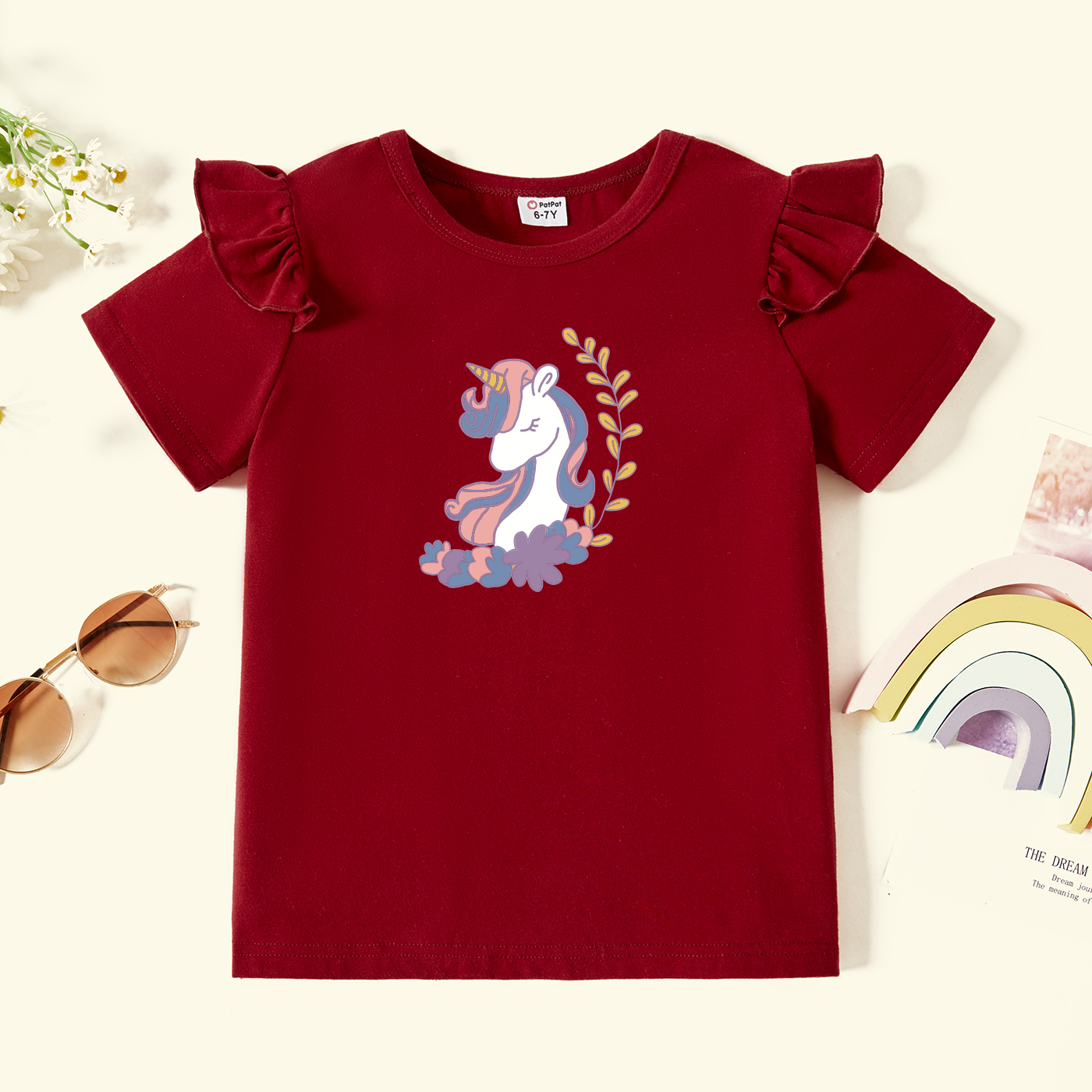 

Kids Graphic Flutter-sleeve Burgundy Short-sleeve Tee
