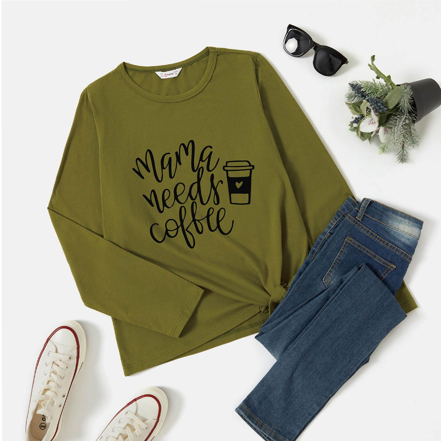 

Graphic Army green Long-sleeve Round-collar Tee for Women