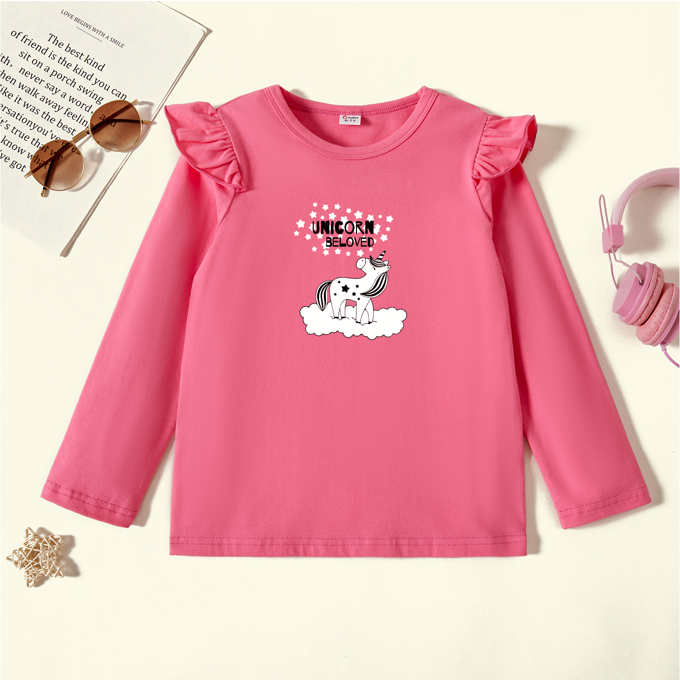 

Kids Graphic Flutter-sleeve Deep Pink Long-sleeve Tee