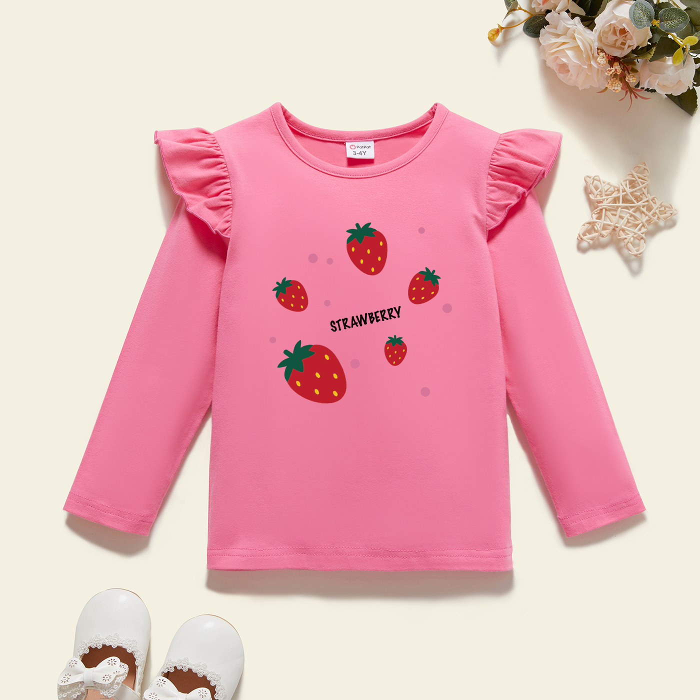 

Toddler Graphic Flutter-sleeve Beige Long-sleeve Tee